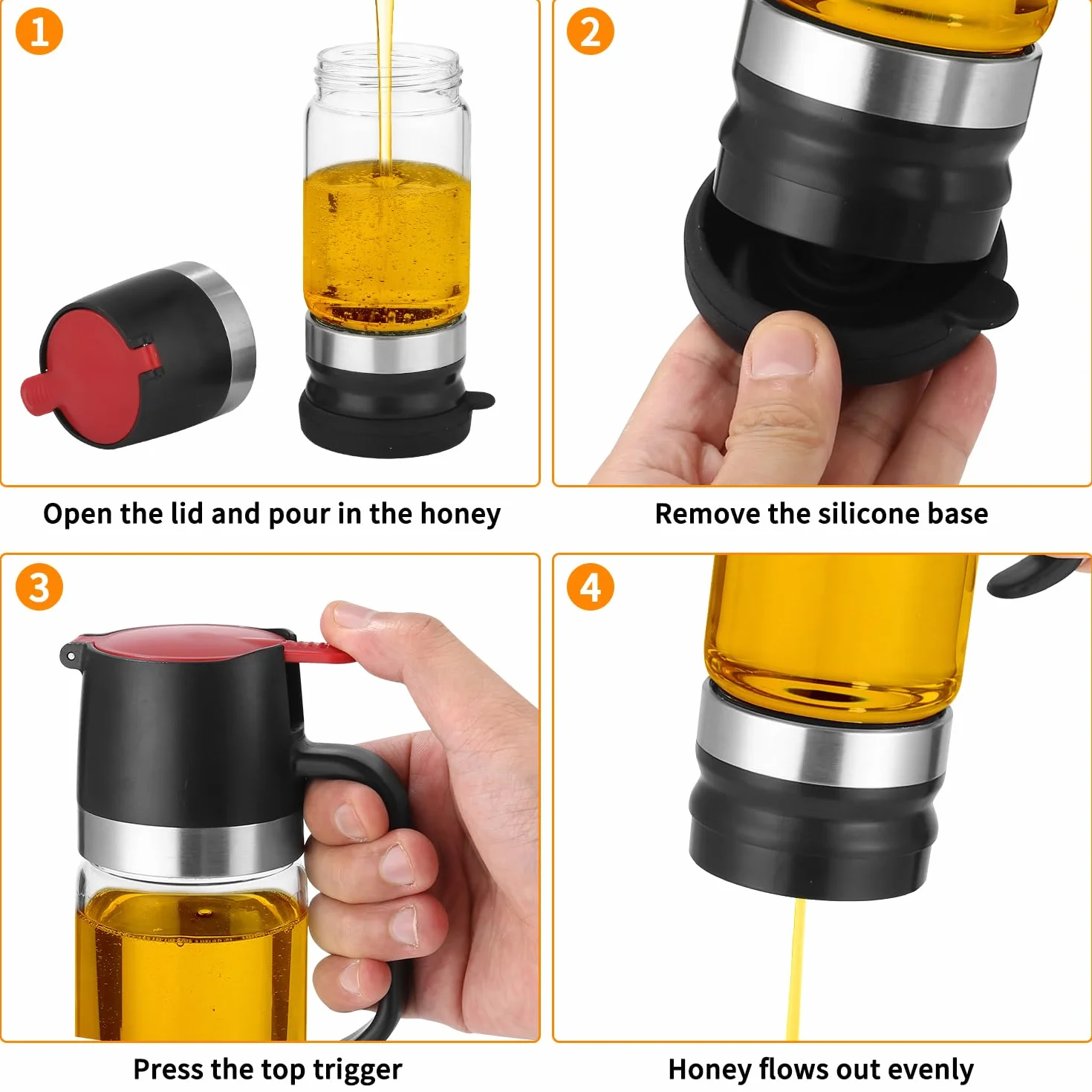Tarro de miel antigoteo con mango, dispensador de cristal a prueba de goteo, soporte para dispensador de jarabe de vidrio para café o té, ideal