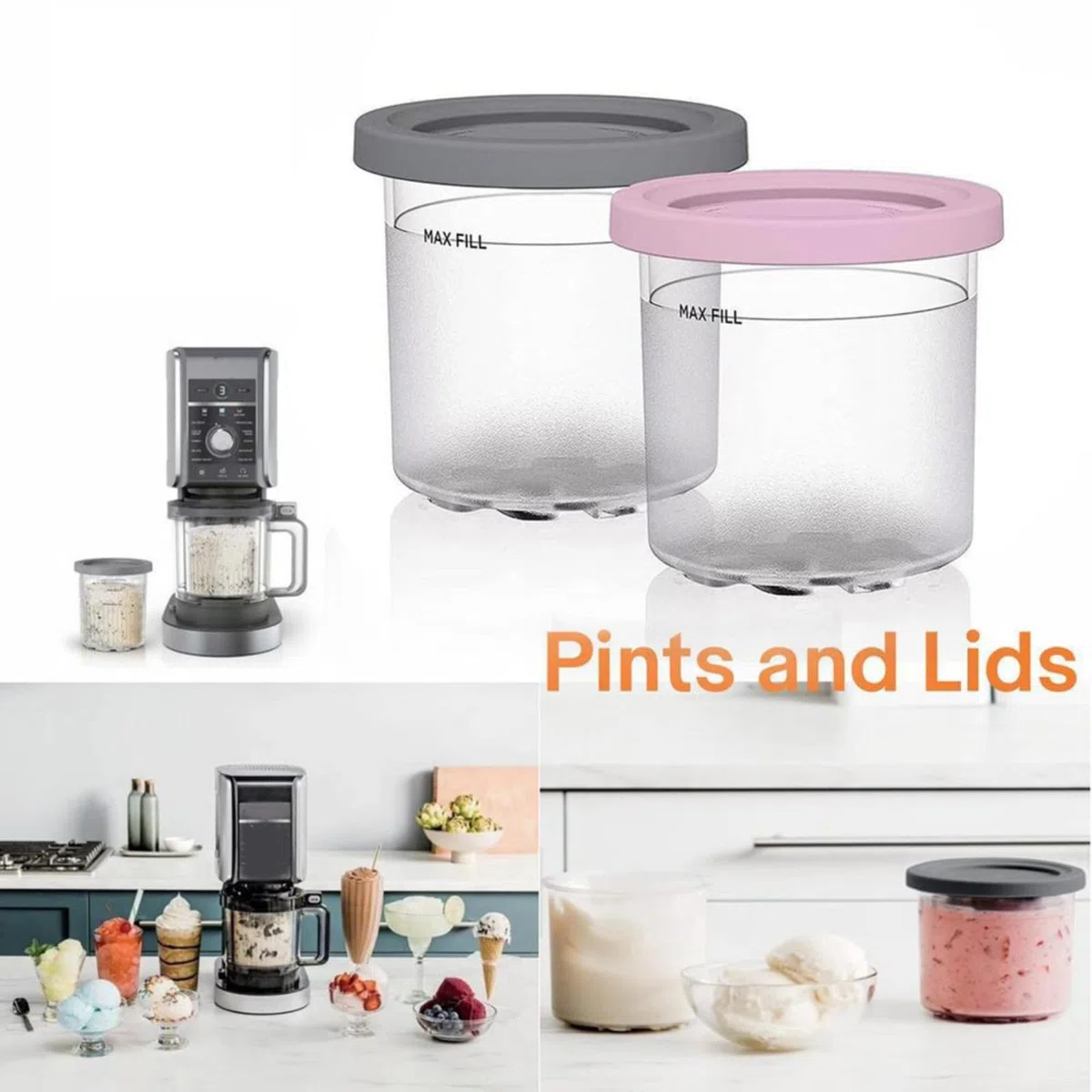 Vasos de helado compatibles con Ninja, para la serie NC300 y NC299AM, paquete de 4 pintas reutilizables con tapas, para Creami Deluxe, recipientes de postre de plástico (paquete de 4