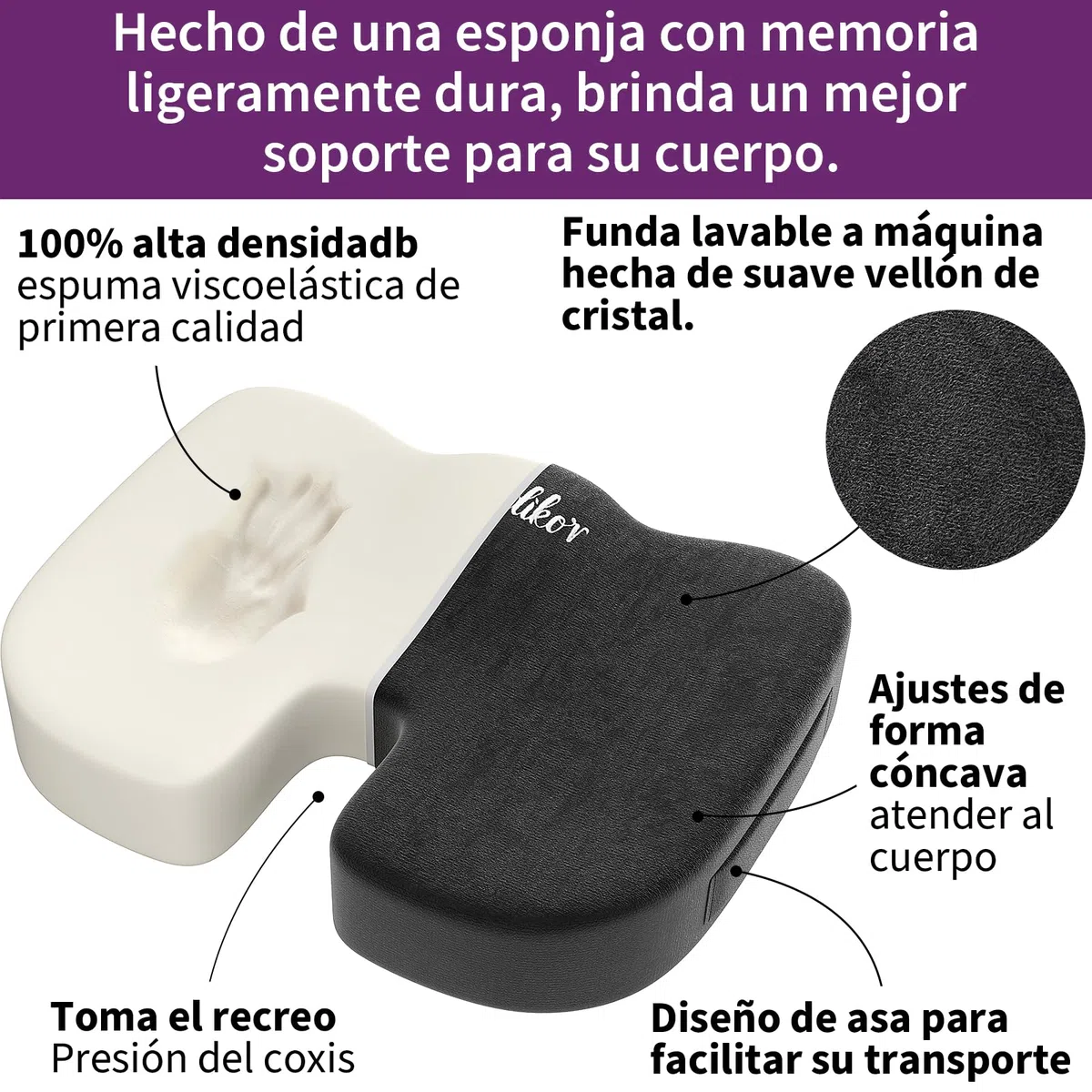 Radikor Cojin Coxis, Cojin Silla Oficina, Cojin Ortopedico Ergonómico, Fabricado en Espuma con Memoria, con Base Antideslizante, Alivia el Coxis, Negro