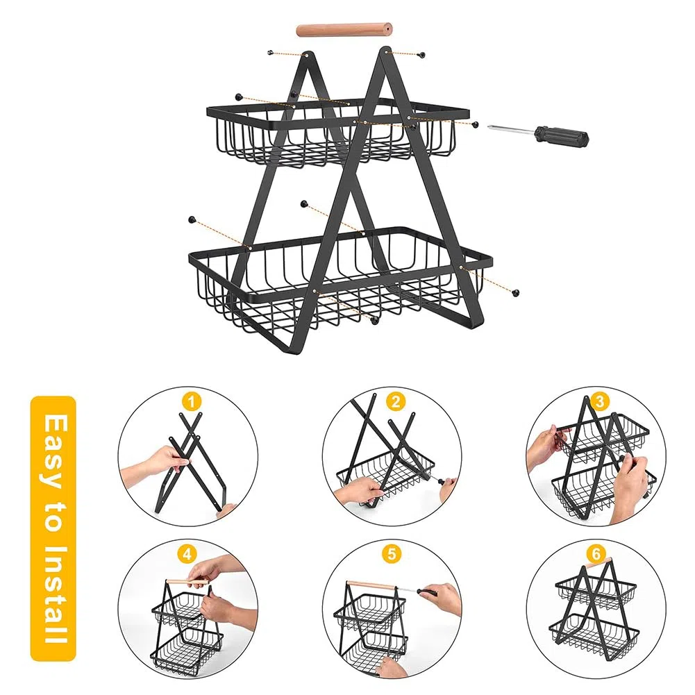 JUVEL Cesta para Fruta 2 Pisos Cesta de pan Cesta de Verduras Soporte de Madera Fruteros de Cocina Modernos Cesta de Frutas Desmontable para Almacenamiento de Cocina