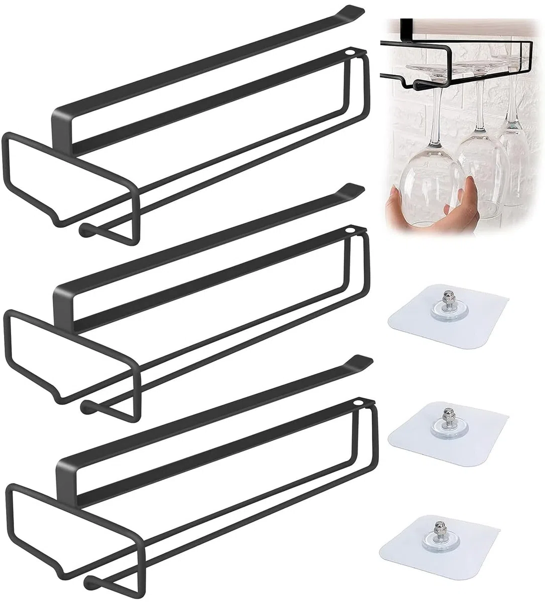 3 Piezas Soporte Copas Colgante, Colgador de Copas Soporte Copas Colgante Cuelga Copas Soporte para Copas de Vino Colgador Copas Vino Para Restaurantes, Armarios, Bares, Negro