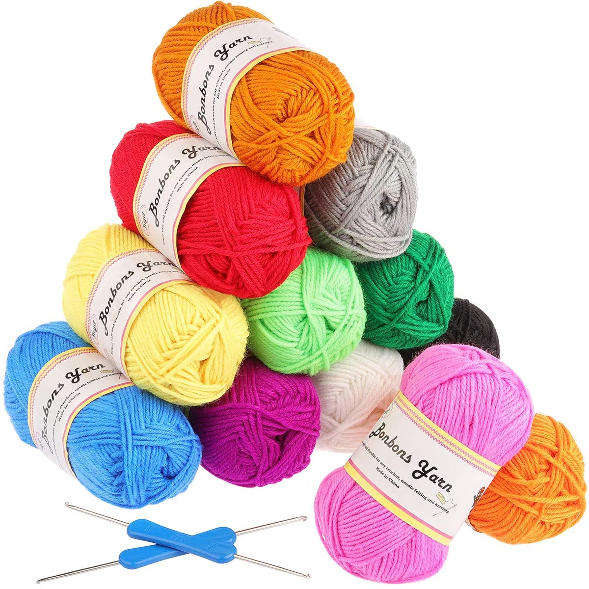 Fuyit Hilo de Tejer Acrílico de 600g (12 Colores x 50g) con 2 Agujas de Crochet, 100% Ovillos Acrílicos Perfectos para Cualquier Proyecto de Crochet y DIY Tejido
