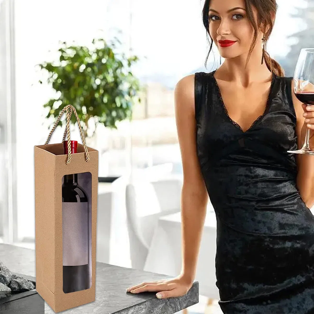 Bolsas de Papel Kraft para Botellas de Vino con Asa - 12 Piezas Organizador para Boda, Fiesta (Marrón)