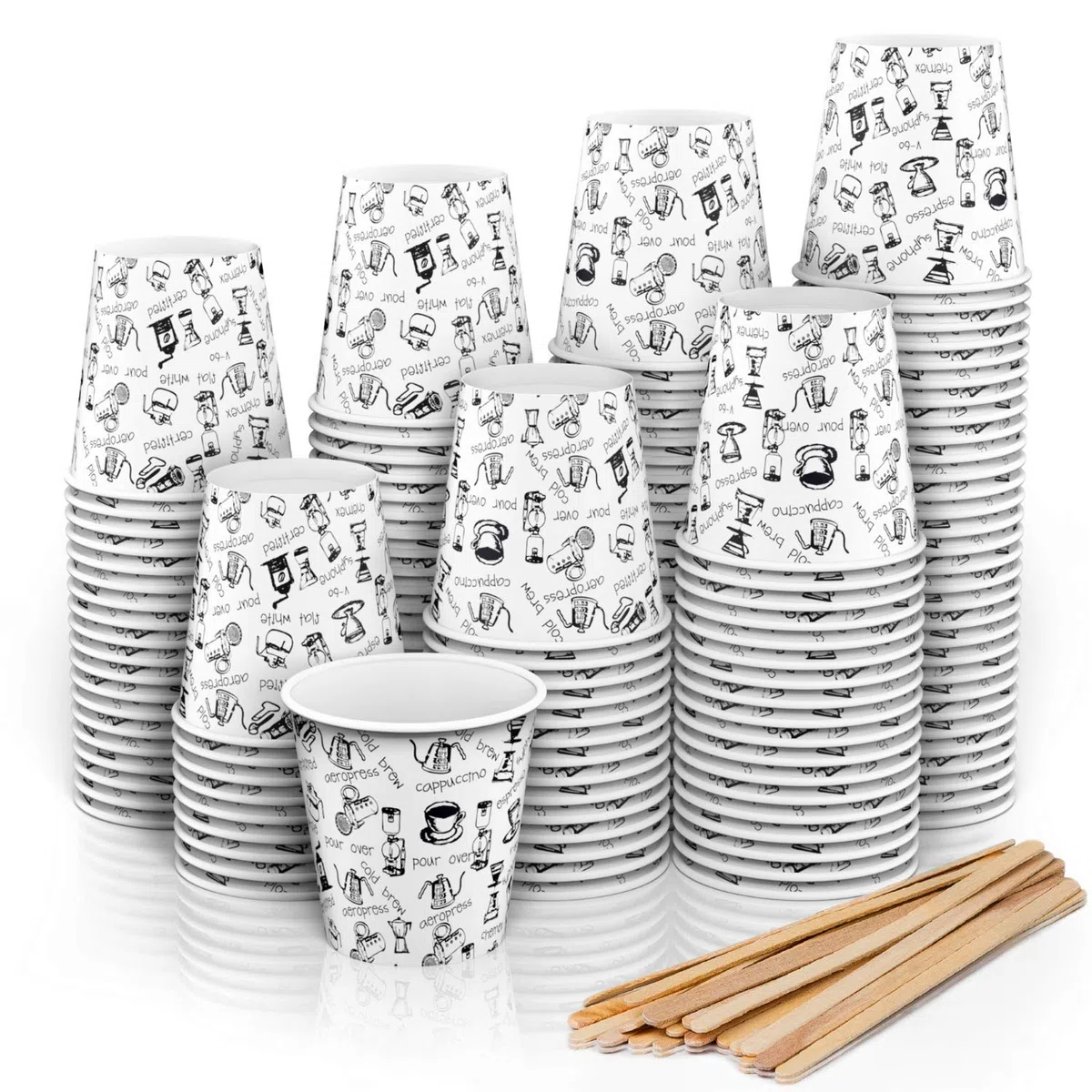 CupCup 140 Vasos Carton Desechables para Café Espresso 110 ml con Agitadores de Madera para Café Para Llevar