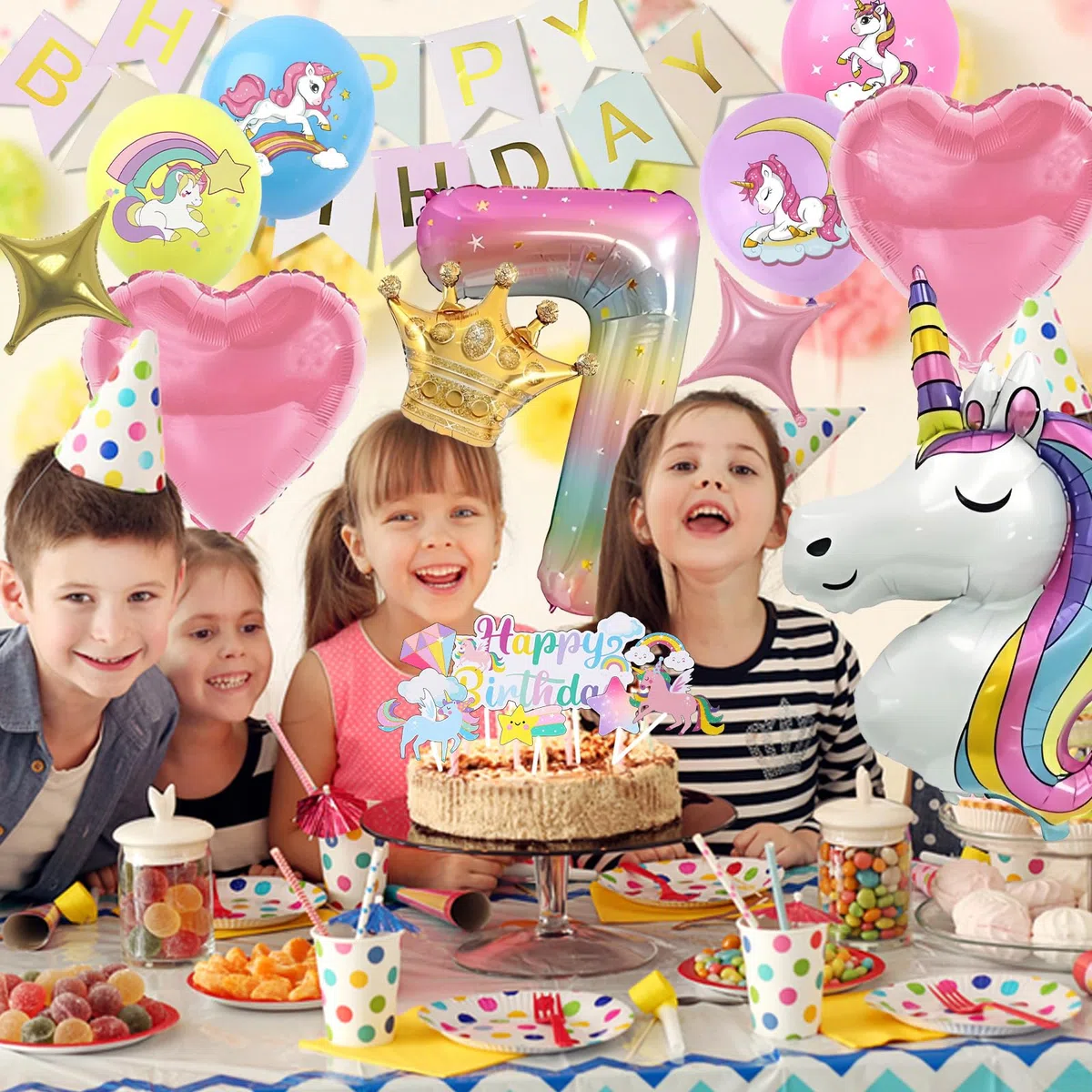 Decoracion Cumpleaños Unicornio Niña 7 Años, 3D Globo de Cumpleaños Unicornio Infantil Decoraciones Tartas y Bandera (Kit Unicornios para Niñas 7 Años)