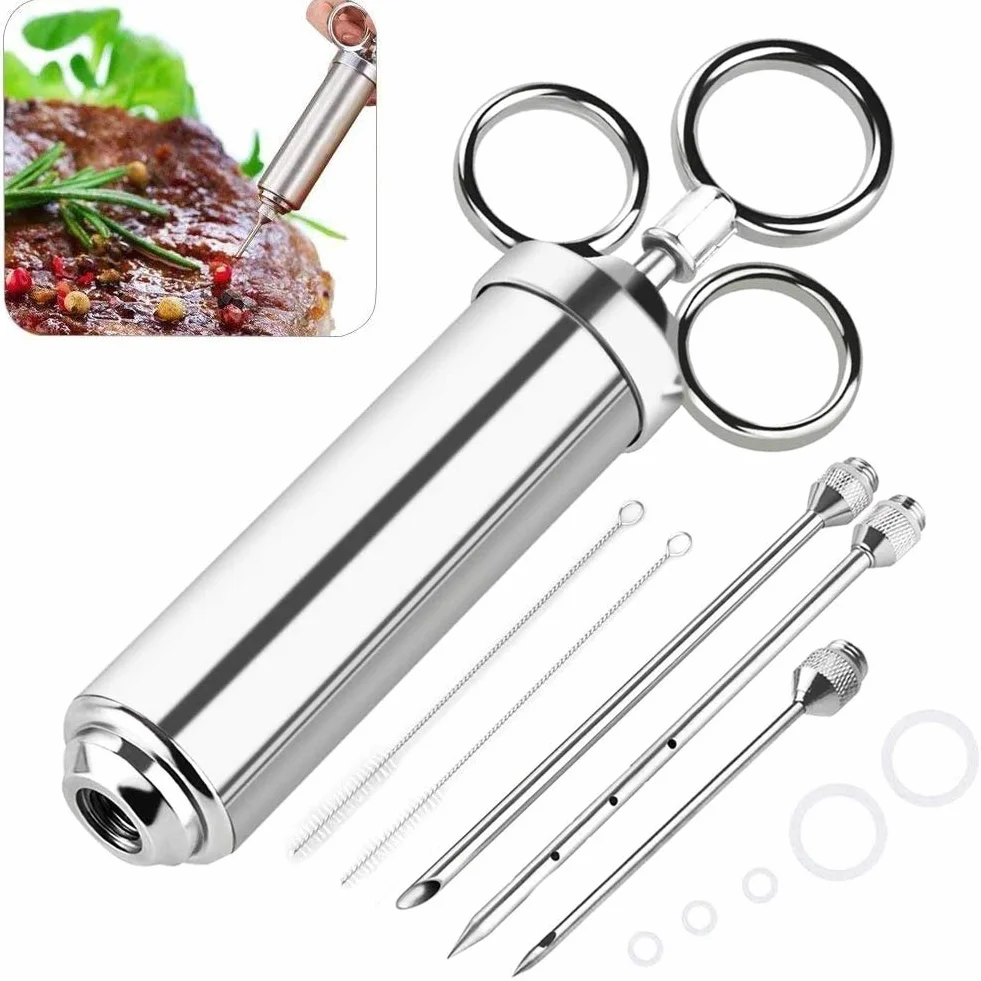 EXTSUD Jeringa de Cocina para Marinar 60 ml Inyector de Salsas de Acero Inoxidable con 3 Agujas, Idea para Marinar, Rellenar Carne, Barbacoa etc