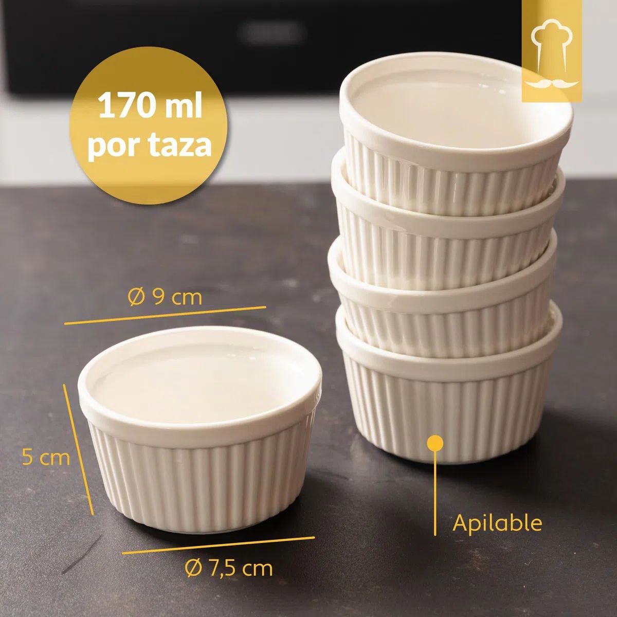 Chefarone Juego de moldes para soufflé, aptos para lavavajillas, cuencos de cerámica para hornear y preparar, mini cazuelas de 200 ml, juego de 10 unidades, color blanco (9 x 7,5 x 5 cm)
