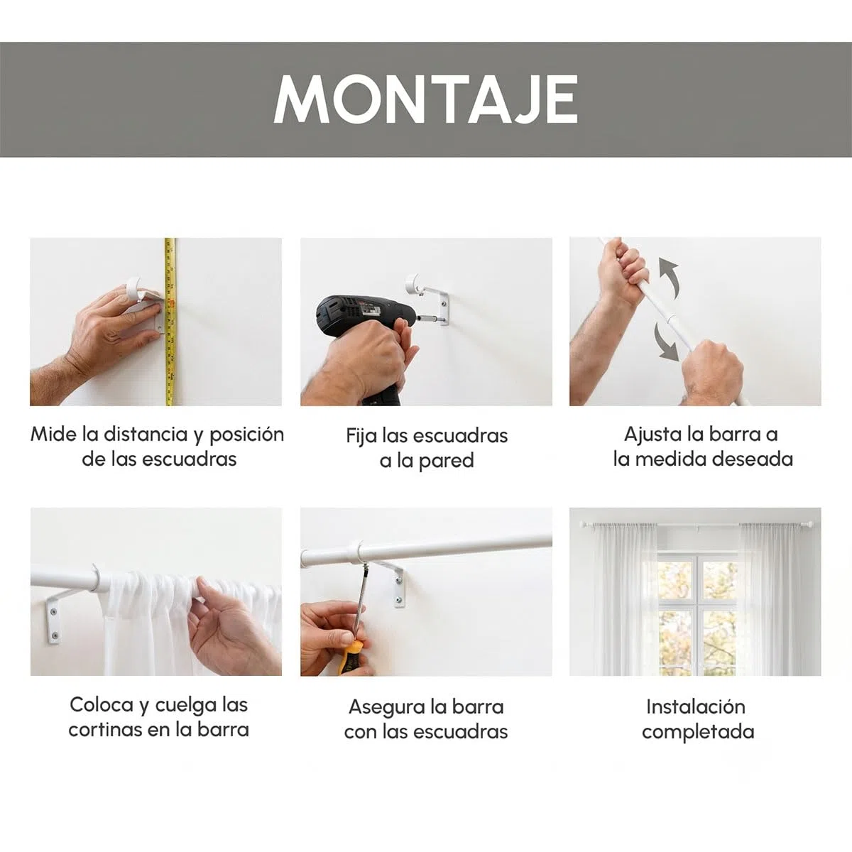 LOLAhome - Set de Barra de Cortina Extensible Blanca de Metal, 120-210 cm con Escuadras y Terminales. Fácil instalación en Pared o Techo para Colgar visillos y Dar un Toque de Elegancia.