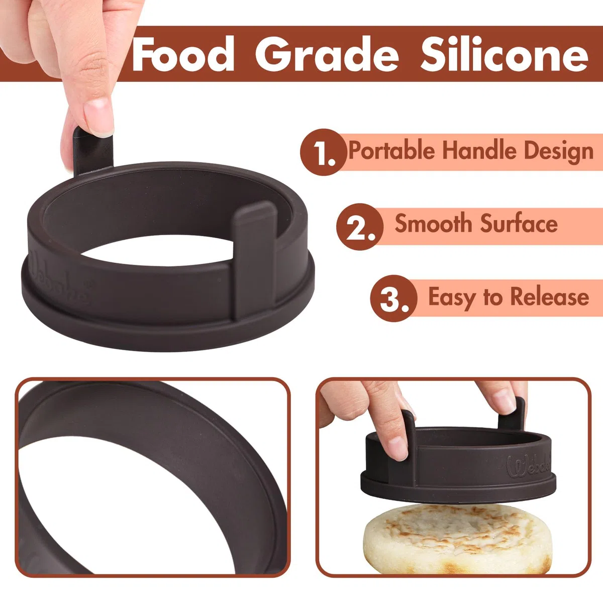 Webake Juego de 4 anillos de silicona para tortitas de 9 cm, para sartén, huevos fritos, anillos para huevos
