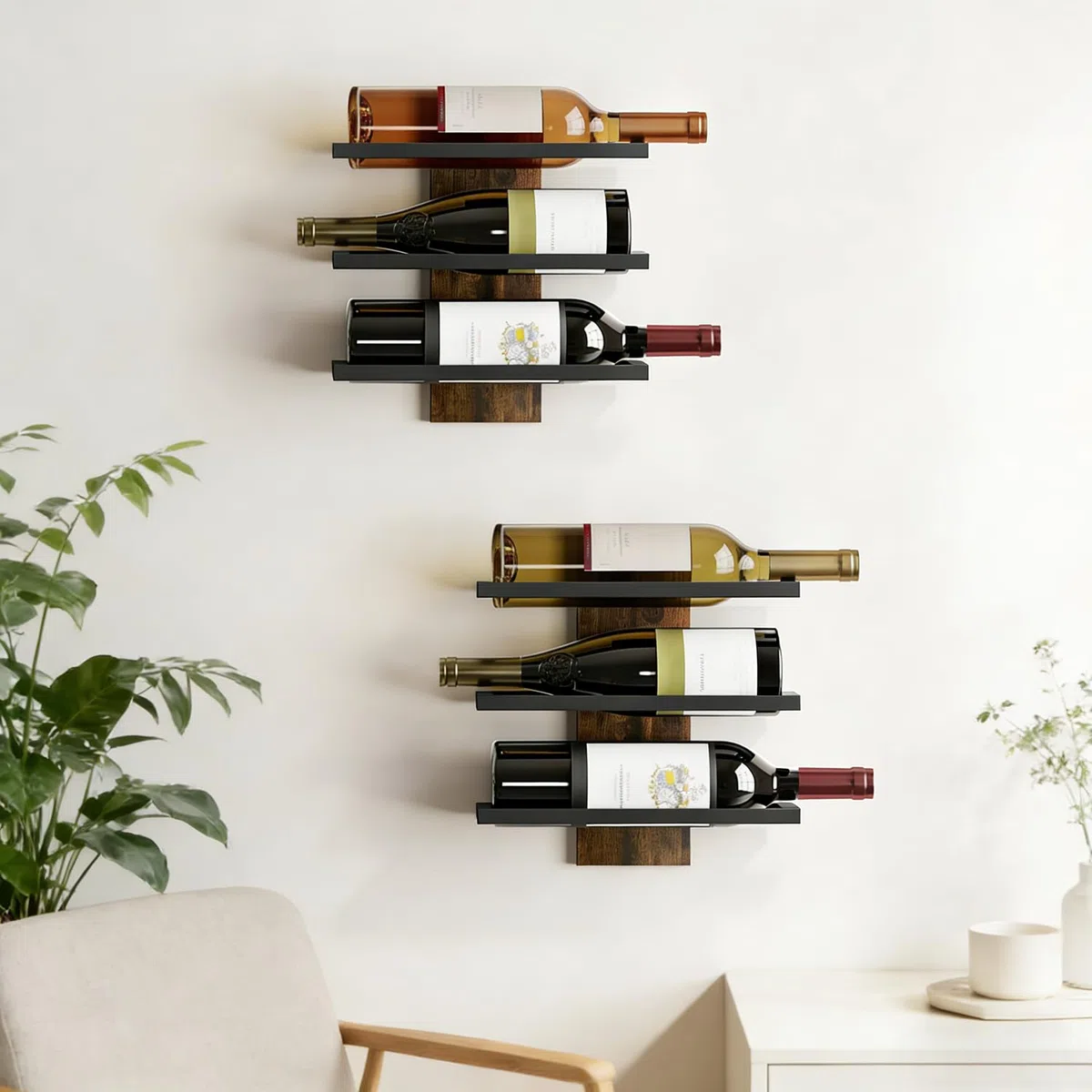 Botellero de pared para 3 botellas de vino, soporte para botellas con 3 niveles, estantería de metal para botellas de vino, para cocina, bar, comedor, bodega (negro)