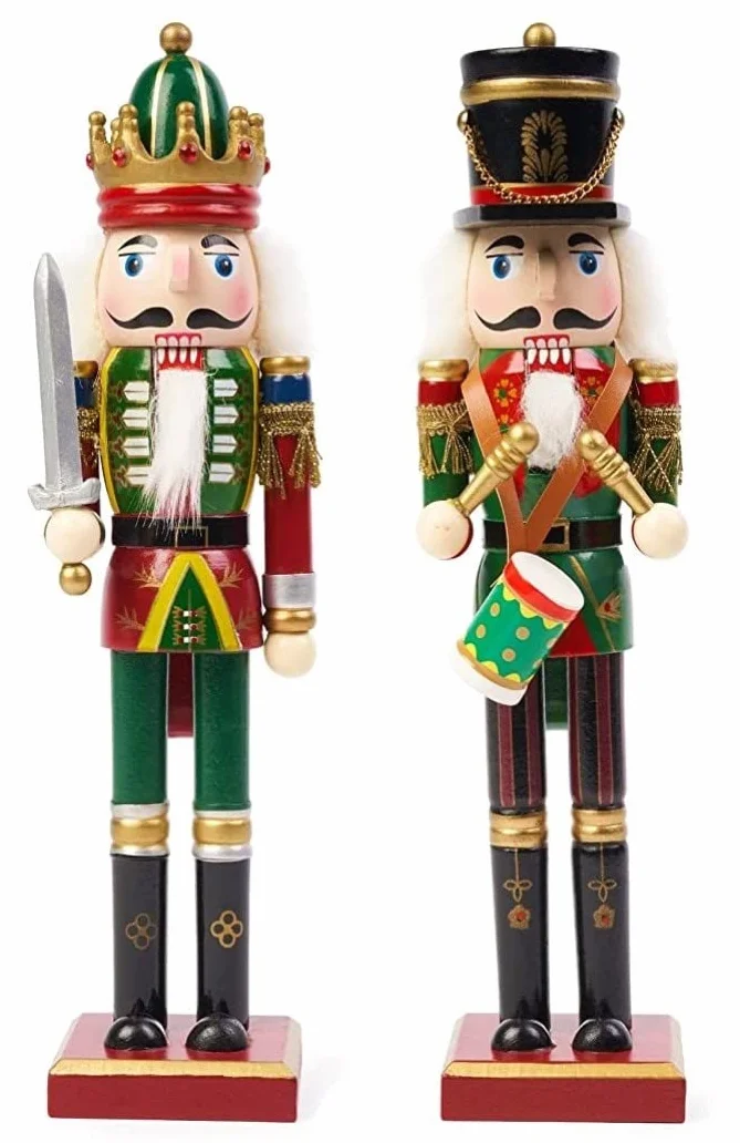 KAHEIGN 2 Piezas Soldados de Cascanueces de Madera, 2 Estilo 30CM Figuras de Cascanueces Tradicionale de Navidad Soldado Pintado de Madera de Pino de Primera Calidad por Decoración (Tambor & Espada)