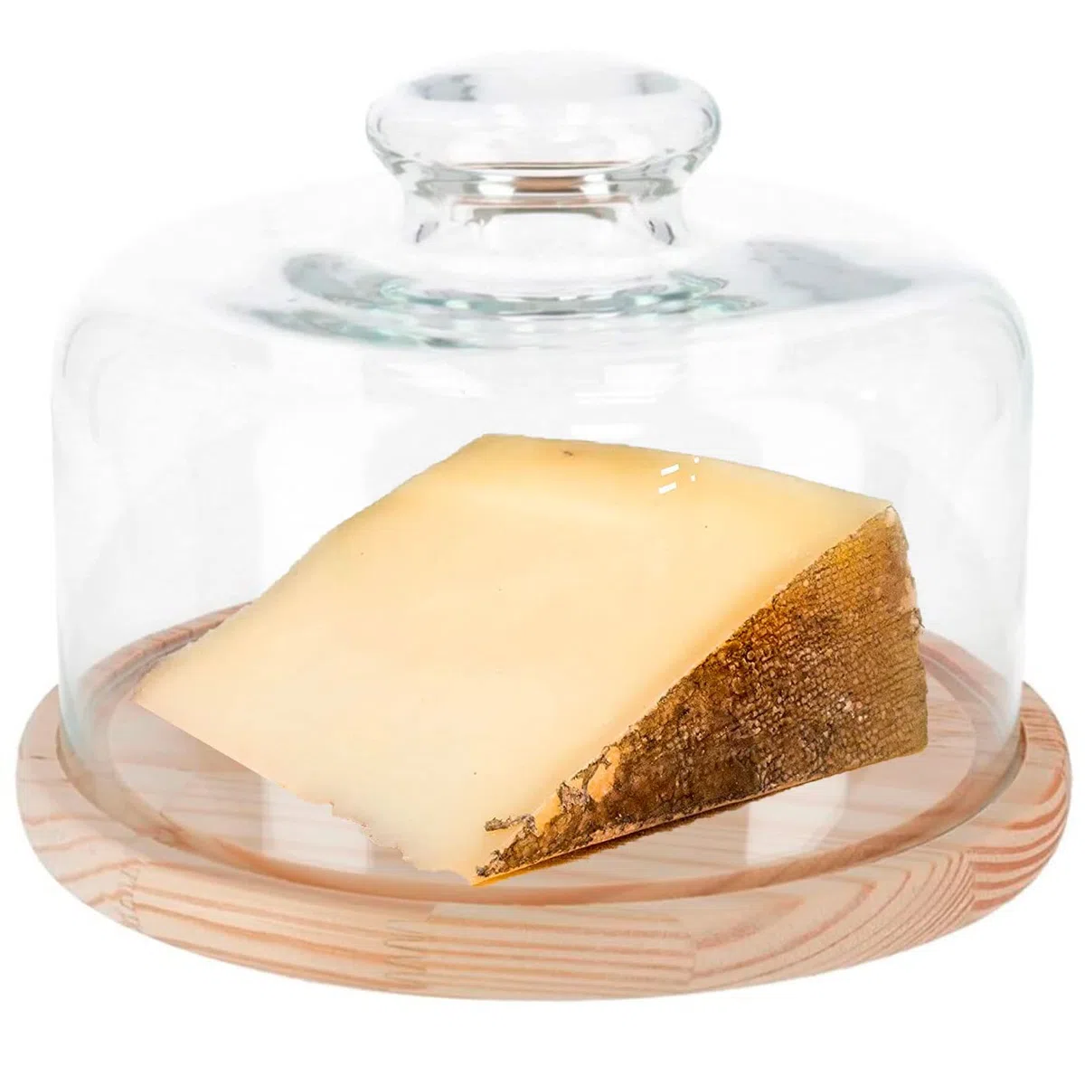 Tradineur - Quesera redonda con base de madera y tapa de cristal, recipiente para guardar quesos o embutidos, presentación de alimentos, 19,3 x 9 cm