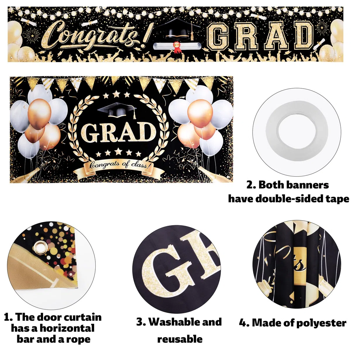 Gosknor 4 Decoraciones de Graduación 2025, 2 Cortinas para Puerta y 2 Pancartas de Graduación para Escuela Secundaria Universidad Interiores y Exteriores