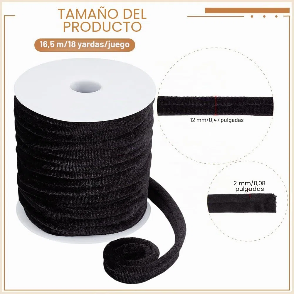 BENECREAT Cinta Bies de Terciopelo Negro de 16.4 m, Ribete de Cordón de 12 mm Ancho para Coser Prendas y Tapicería