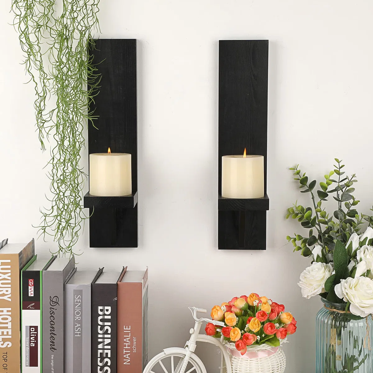 BSTKEY Juego de 2 candelabros de pared de madera, portavelas decorativo, soporte para velas montado en la pared, candelabro votivo negro
