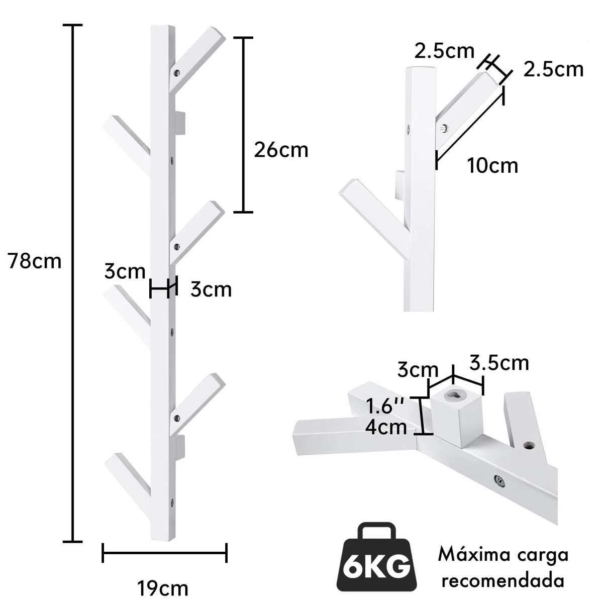 T-LOVENDO.ES Perchero de pared madera maciza de haya vertical 6 Ganchos. Moderno. Ideal recibidor, entrada, salón, dormitorio. Diseño moderno. (Blanco)