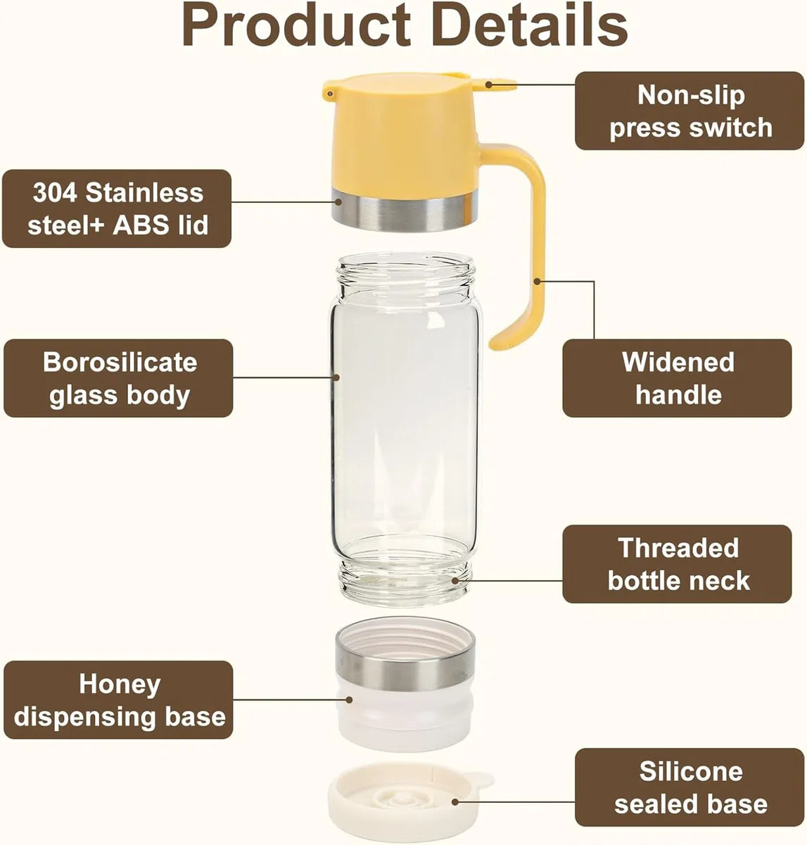 Dispensador de miel de cristal, 350 ml, boquilla antigoteo con mango y base antideslizante, recipiente de cristal multiusos para miel, jarabe, café (apto para lavavajillas), color amarillo