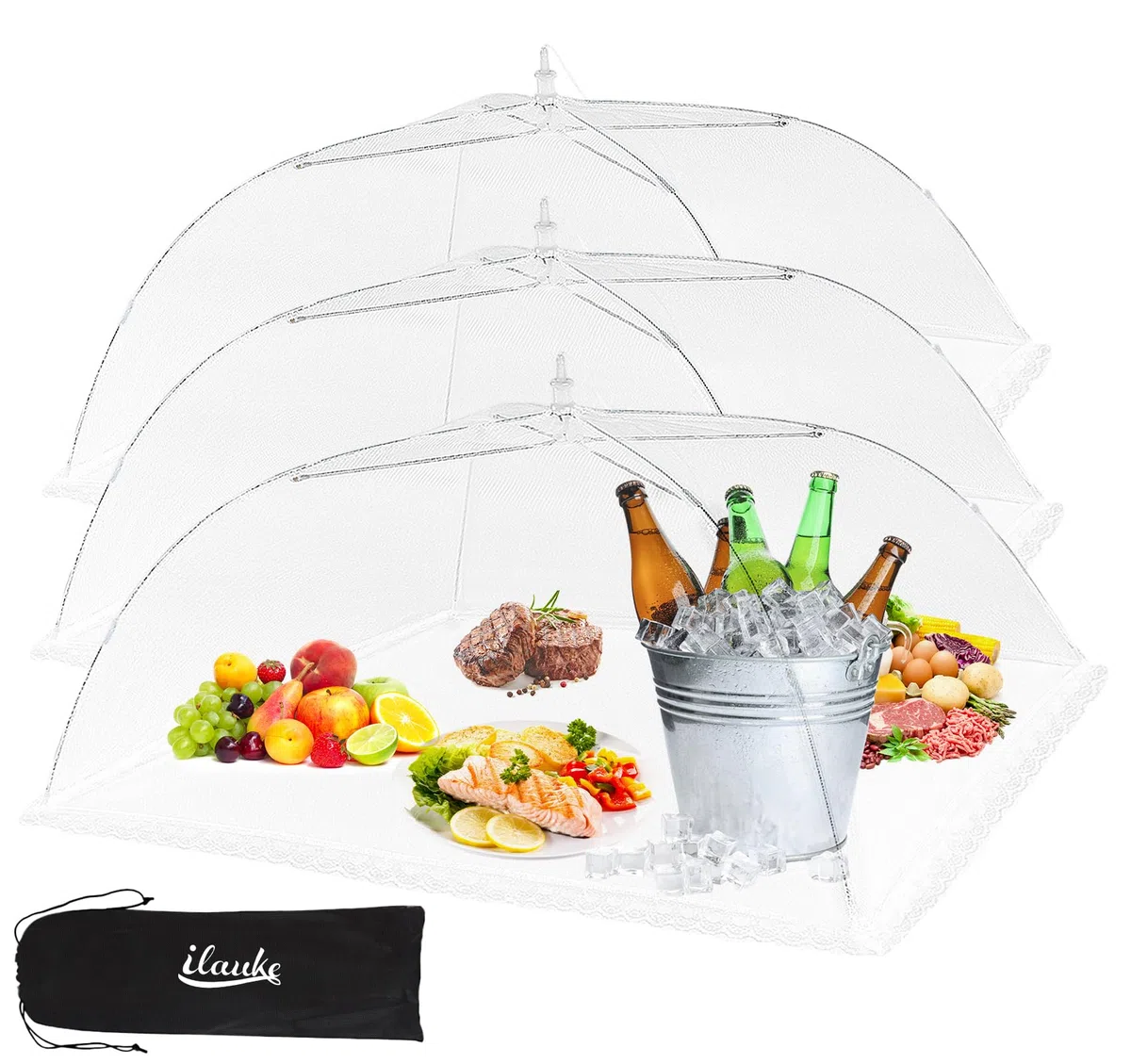 ilauke - Campana de comida plegable, 3 piezas, color blanco, campana para pastel, campana, para alimentos, antiinsectos, 100 x 60 cm, para exteriores, casa, barbacoas, viajes de camping, picnics