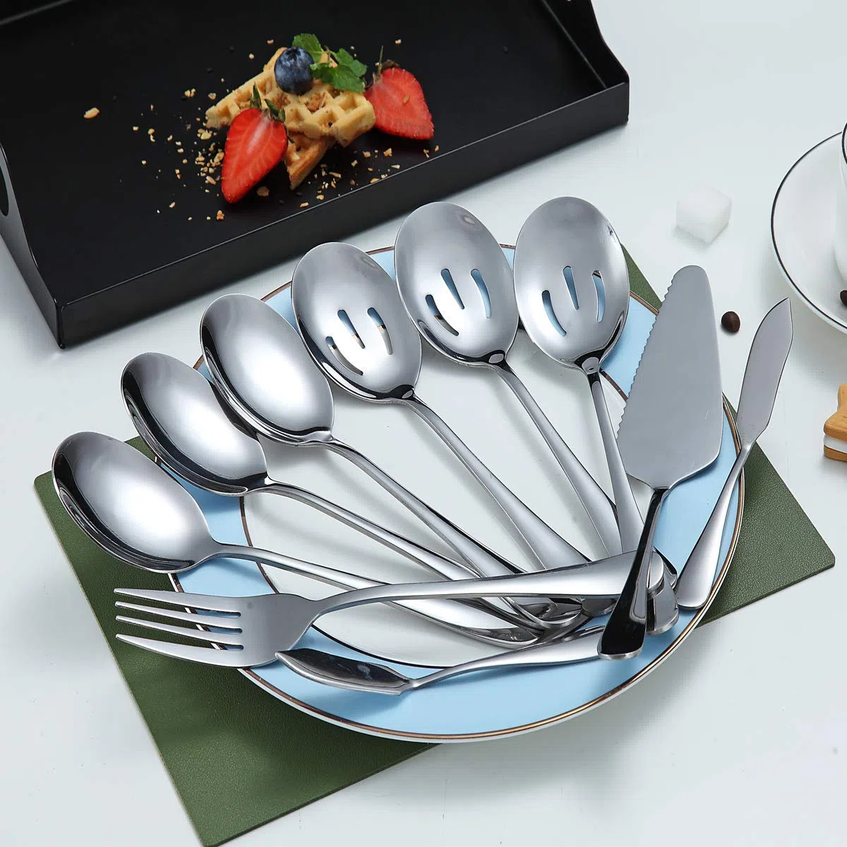 Kyraton Juego de Cubiertos 10 Piezas, cucharas para servir, cucharas ranuradas, tenedor para servir, servidor para pasteles