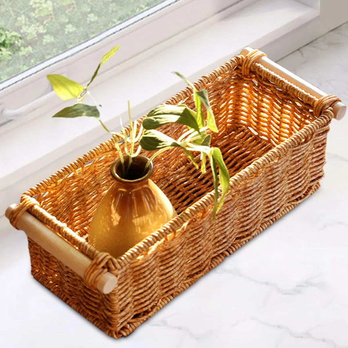 Cestas de Imitación de Ratán Multiusos, Organizador Rectangular Largo Y Estrecho, Decorativo para Bar, Cocina, Baño, Mesa de Centro Y Hogar, m, Individual