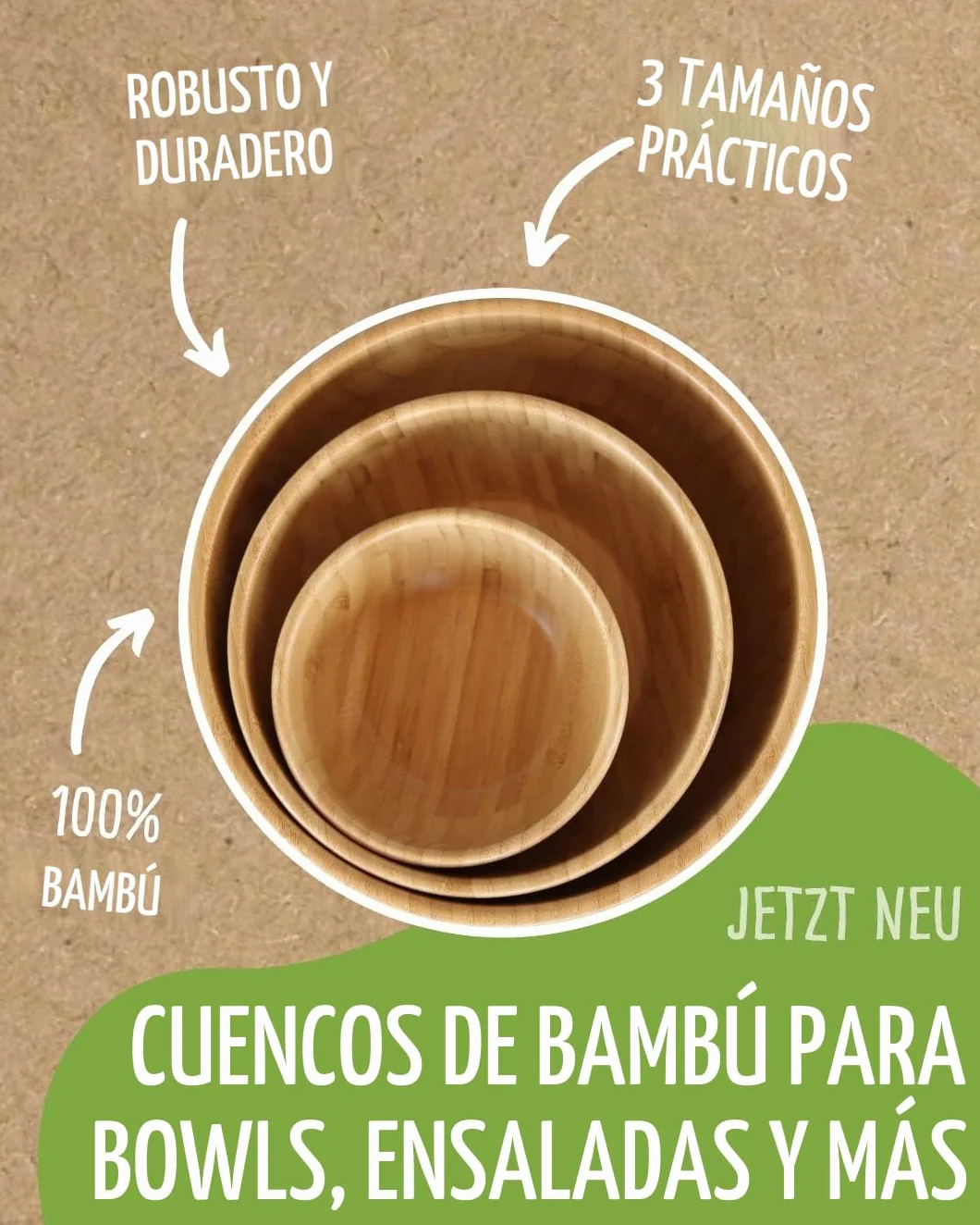 Pandoo Cuencos de Bambú - Juego de Cuencos Decorativos, Frutero, Ensaladera, Vajilla (20 cm de Diámetro)
