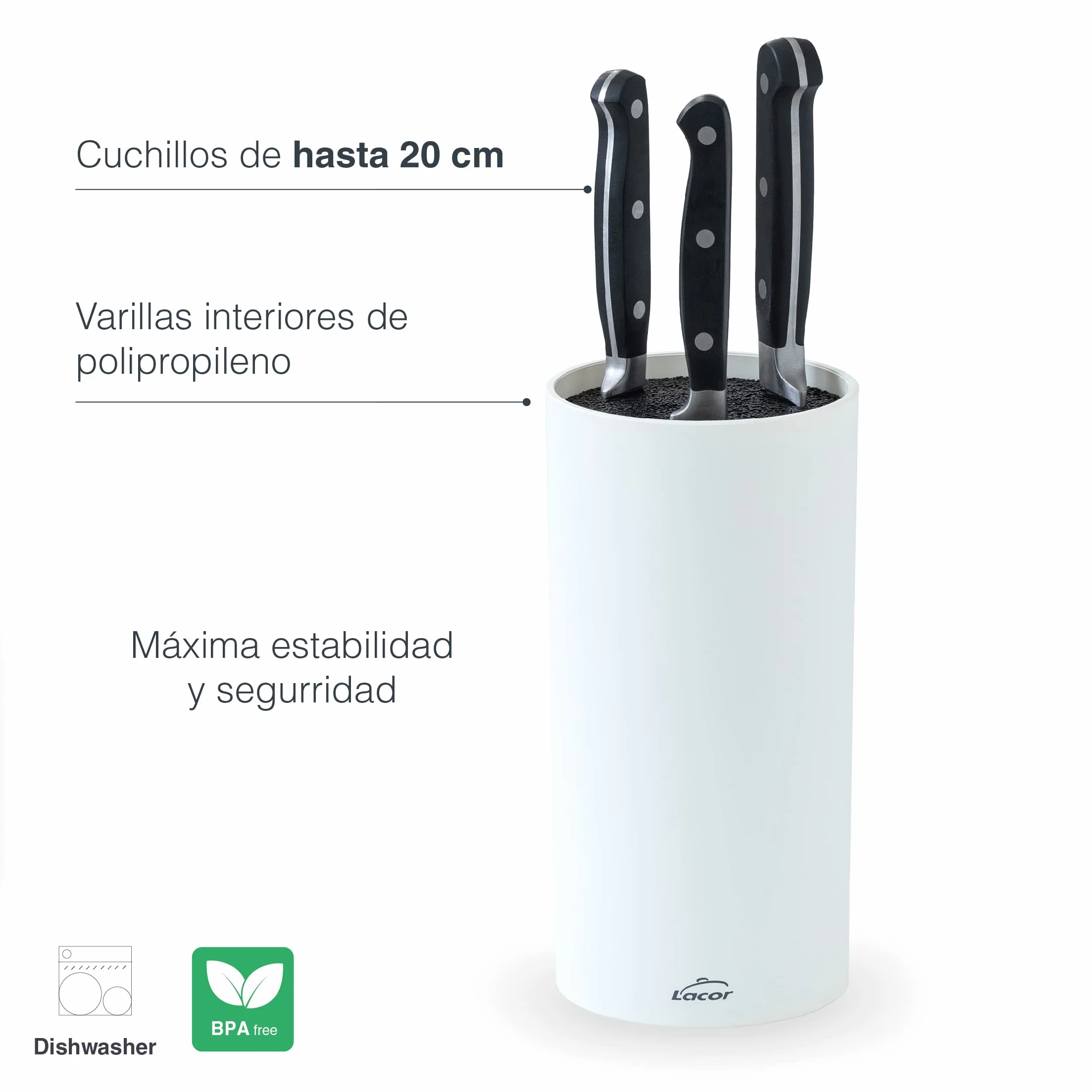 Lacor - 39037 - Taco de Cuchillos White, Bloque Universal para Cuchillos, Multidireccional, Color Blanco mate, Ø11cm, Altura 22cm, Apto para Lavavajillas.
