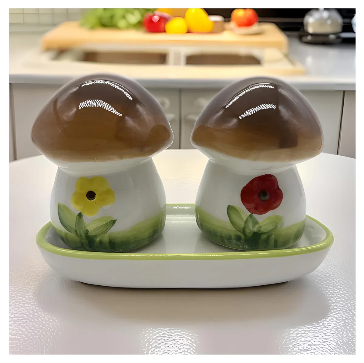 Esparcidor de pimienta de cerámica salada en forma de fresa, juego de 2 piezas | Latas de suministro de especias - Decoración hecha a mano para tu cocina (seta)