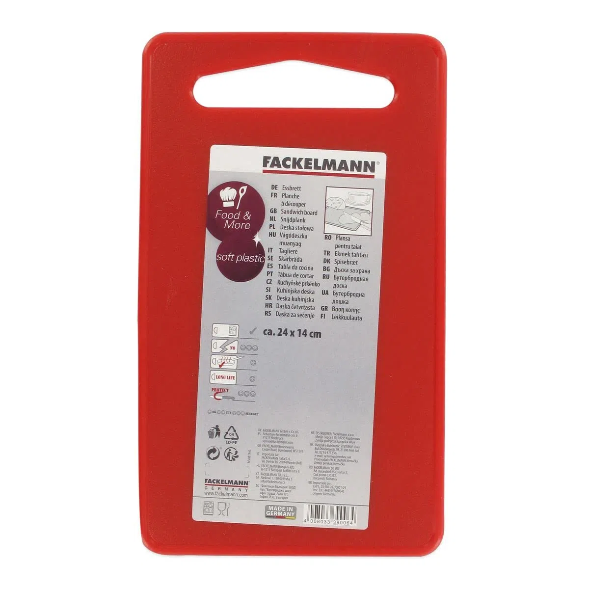 FACKELMANN Tabla de cortar cocina polietileno pequeña en rojo con asa, para verduras, carne, pescado, embutido o queso, 24x14cm, 1ud.