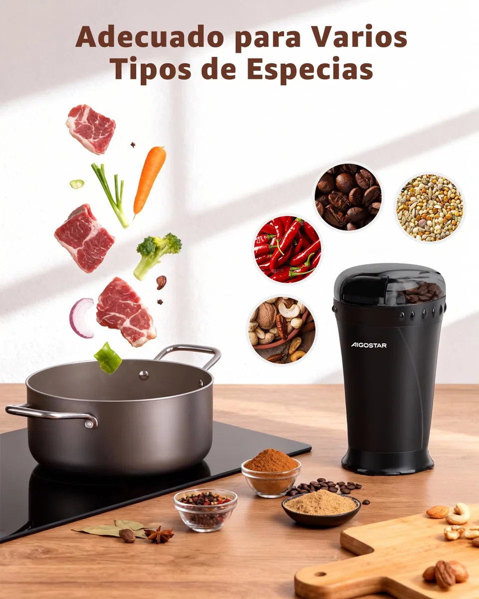 Aigostar Molinillo Cafe Electrico con Cuchillas Acero Inoxidable - 60g 200W Molinillo de Cafe, Cepillo de Limpieza Incluido, Libre de BPA, Para Moler Granos de Café, Especias & Semillas