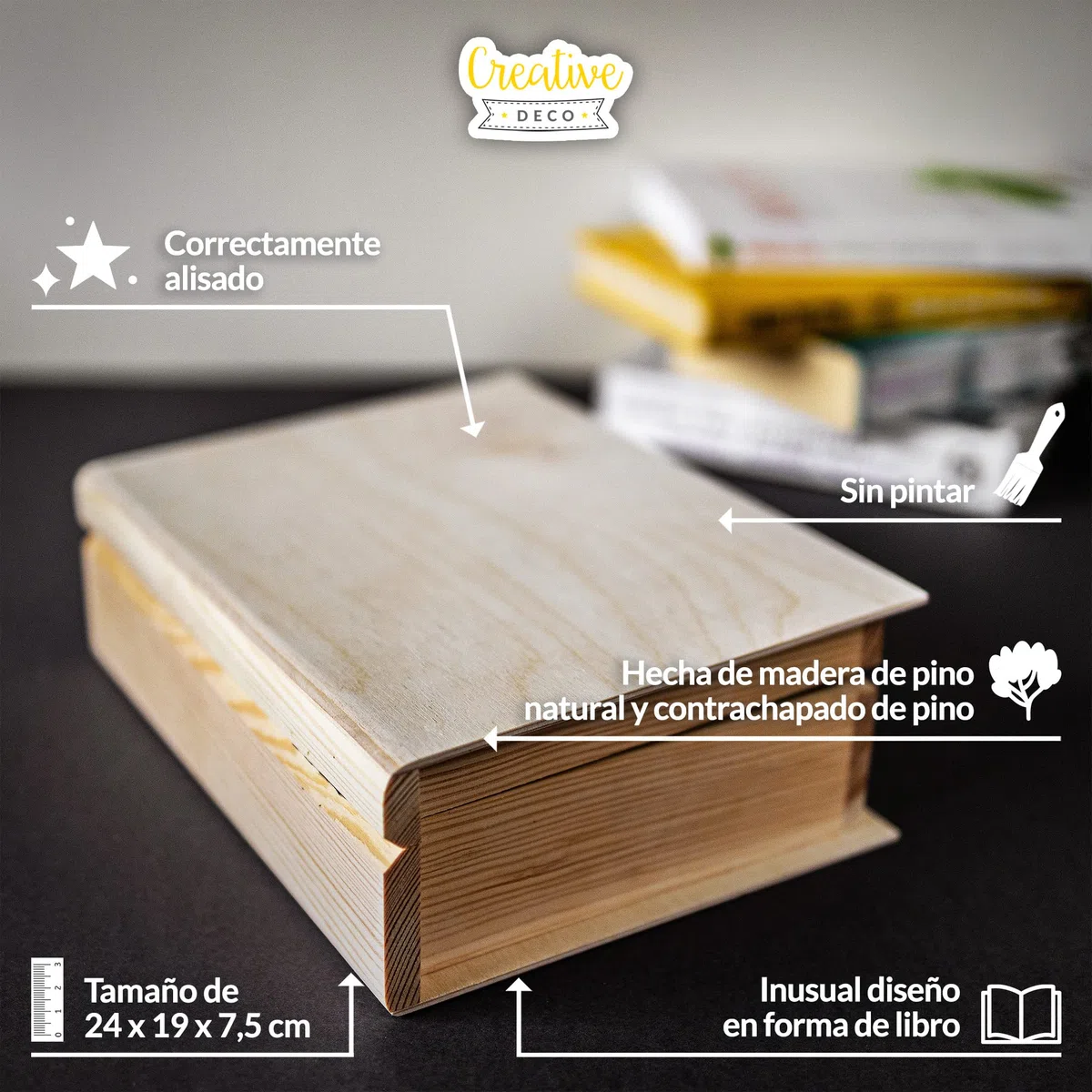 Creative DECO Grande Caja Libro Madera para Decorar | 24 x 19 x 7,5 cm | con Tapa | Decoracion Almacenaje Herramientas Pascua Decoupage | Perfecta para Documentos Objetos de Valor Juguetes