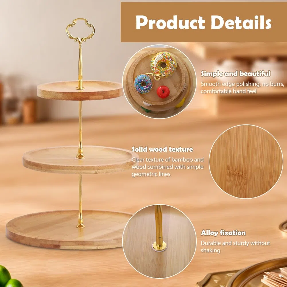 Soporte Para Tartas de Madera, 3 Niveles, Soporte Tarta, Soporte Redondo para Postres, Frutas y Tartas, con Mango de Metal, para Fiestas de Cumpleaños, Bodas, Té de la Tarde