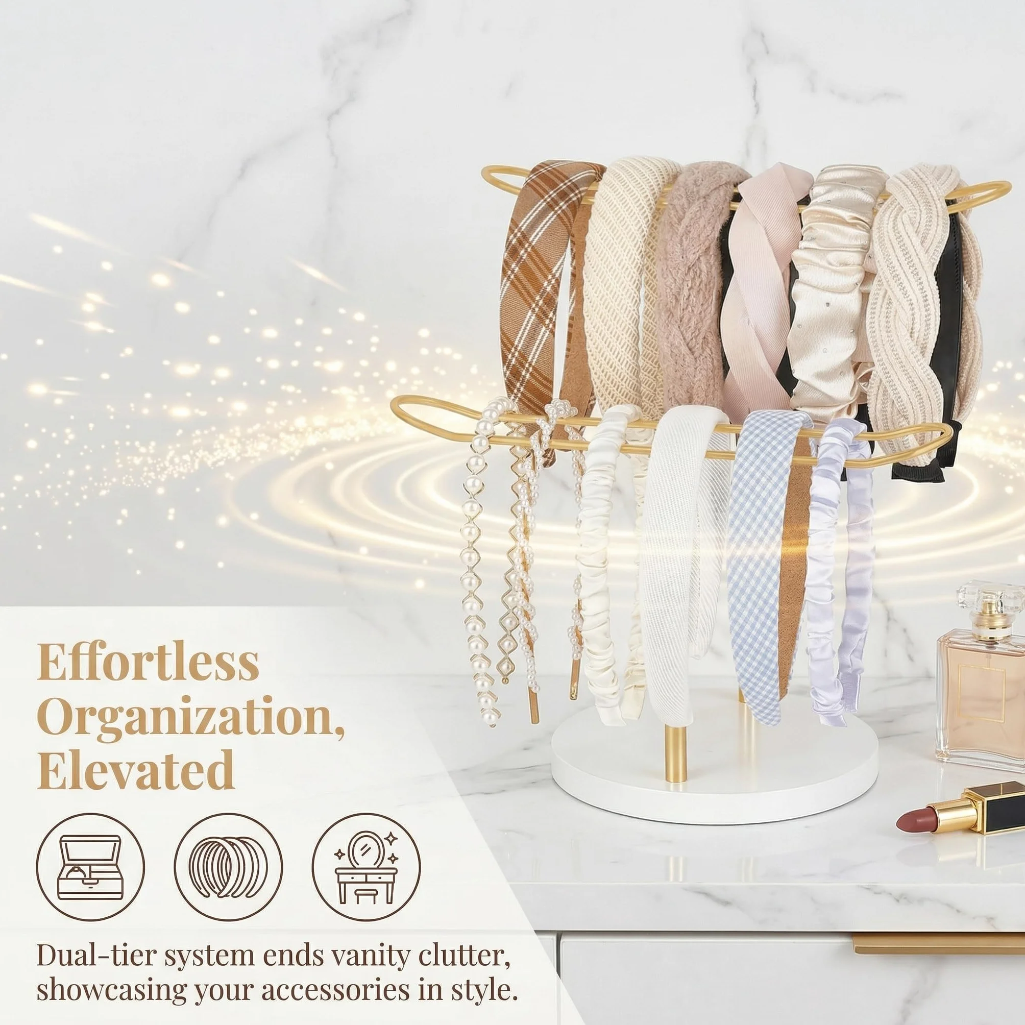 Organizador de Diadema de Metal, Expositor para Diademas de 2 Niveles, Organizador de Accesorios para el Cabello con Base Estable, para Guardar Diademas, Pulseras, Collares y Relojes, Dorado