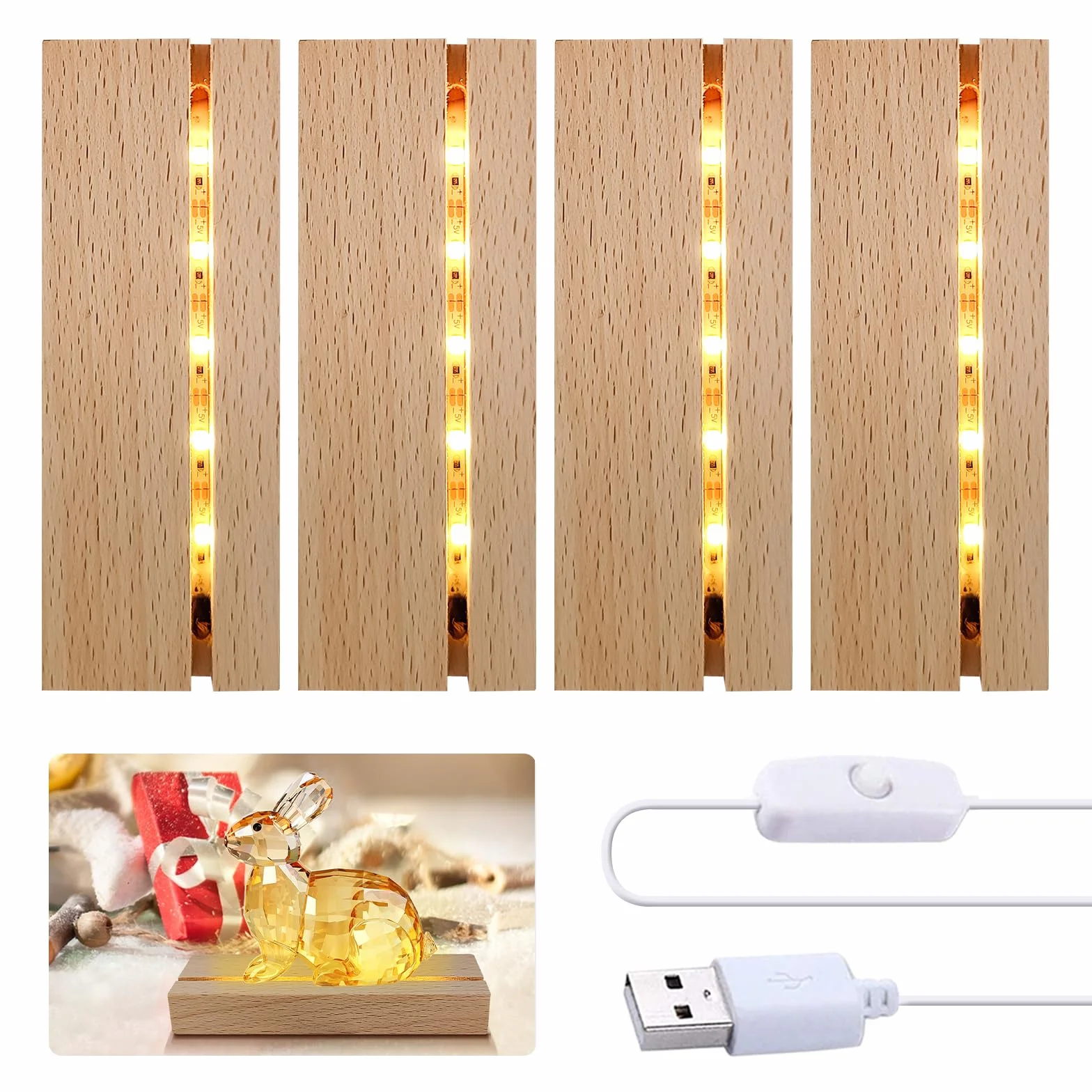 Paquete de 2/4 bases de exhibición LED, soporte rectángulo de madera, pedestal de luz para cristal, resina y arte decorativo (4 unidades)