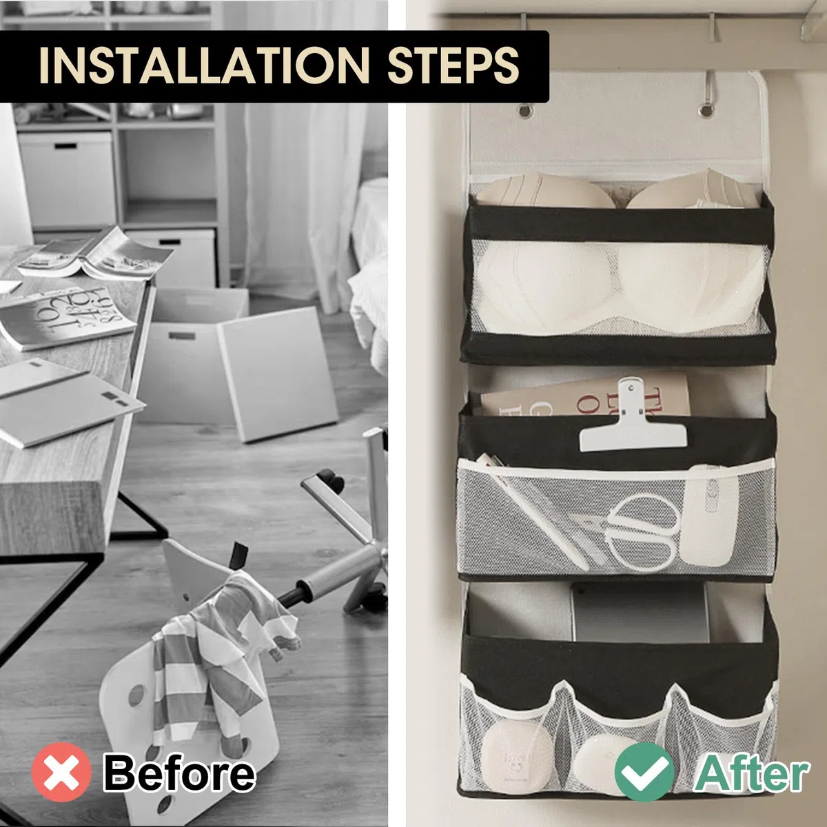 Organizador Armario Colgante, Organizador Colgante Para Baño y Puerta, OrganizadorPuerta 67,5*29,5 cm, Zapatero Tela Plegable, ZapateroPuerta Que Ahorra Espacio, EstanteriasColgantes 3 Pisos, 1 Ud