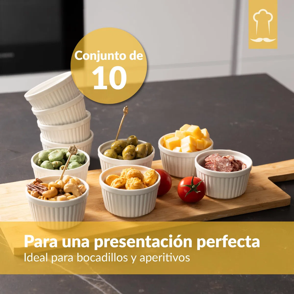 Chefarone Juego de moldes para soufflé, aptos para lavavajillas, cuencos de cerámica para hornear y preparar, mini cazuelas de 200 ml, juego de 10 unidades, color blanco (9 x 7,5 x 5 cm)