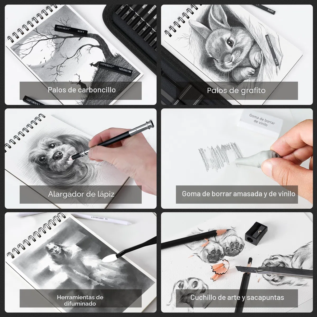 HIFORNY Juego de dibujo de 42 piezas, kit de dibujo con lápices de grafito y carbón, herramientas de mezcla, borradores y accesorios, estuche de viaje portátil con cremallera para artistas y