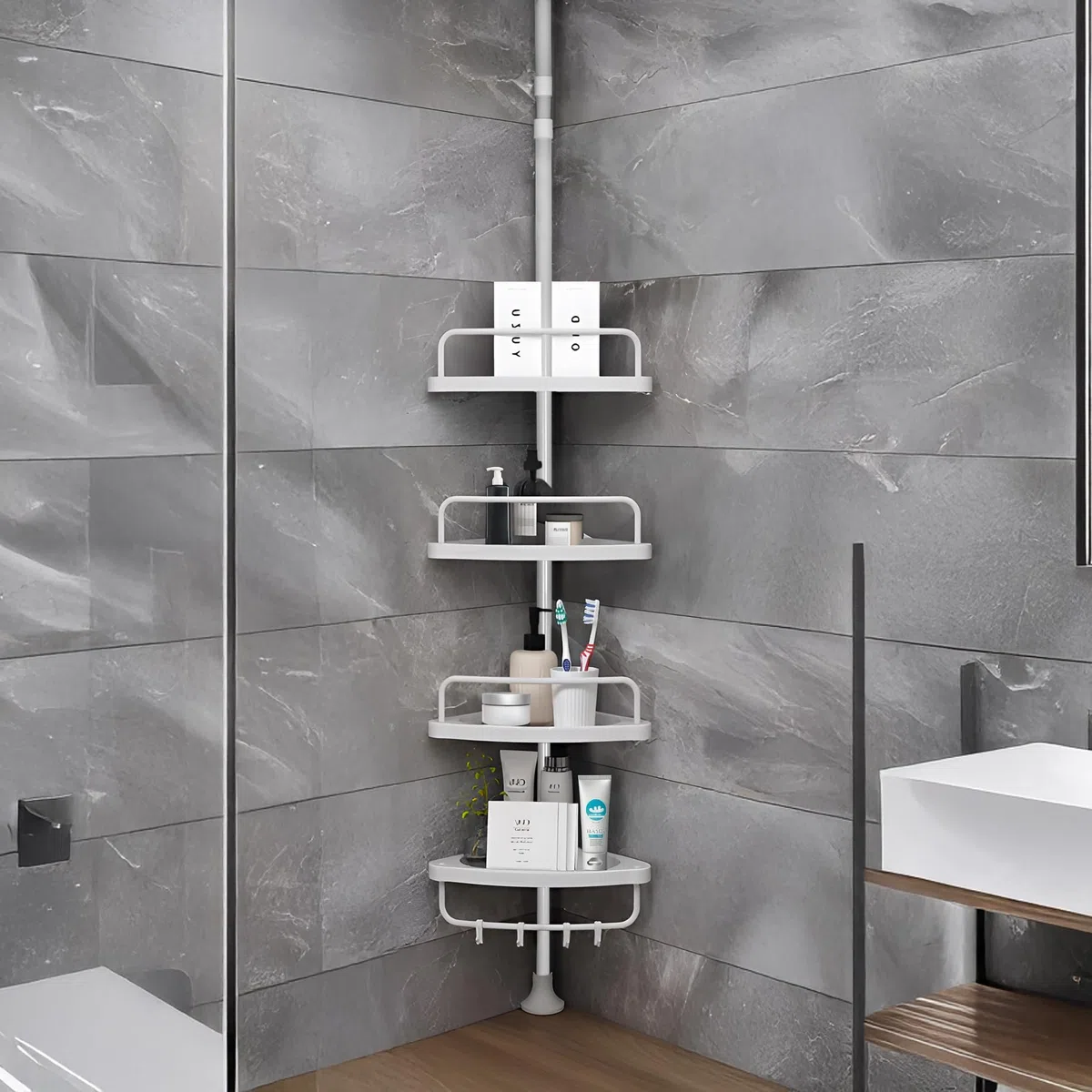 T-LOVENDO.ES Estantería de esquina ducha o bañera telescópica sin taladro de pie esquinera. Extensible altura ajustable. 4 baldas. Desde 85cm a 260cm. Acero y plástico. Blanca