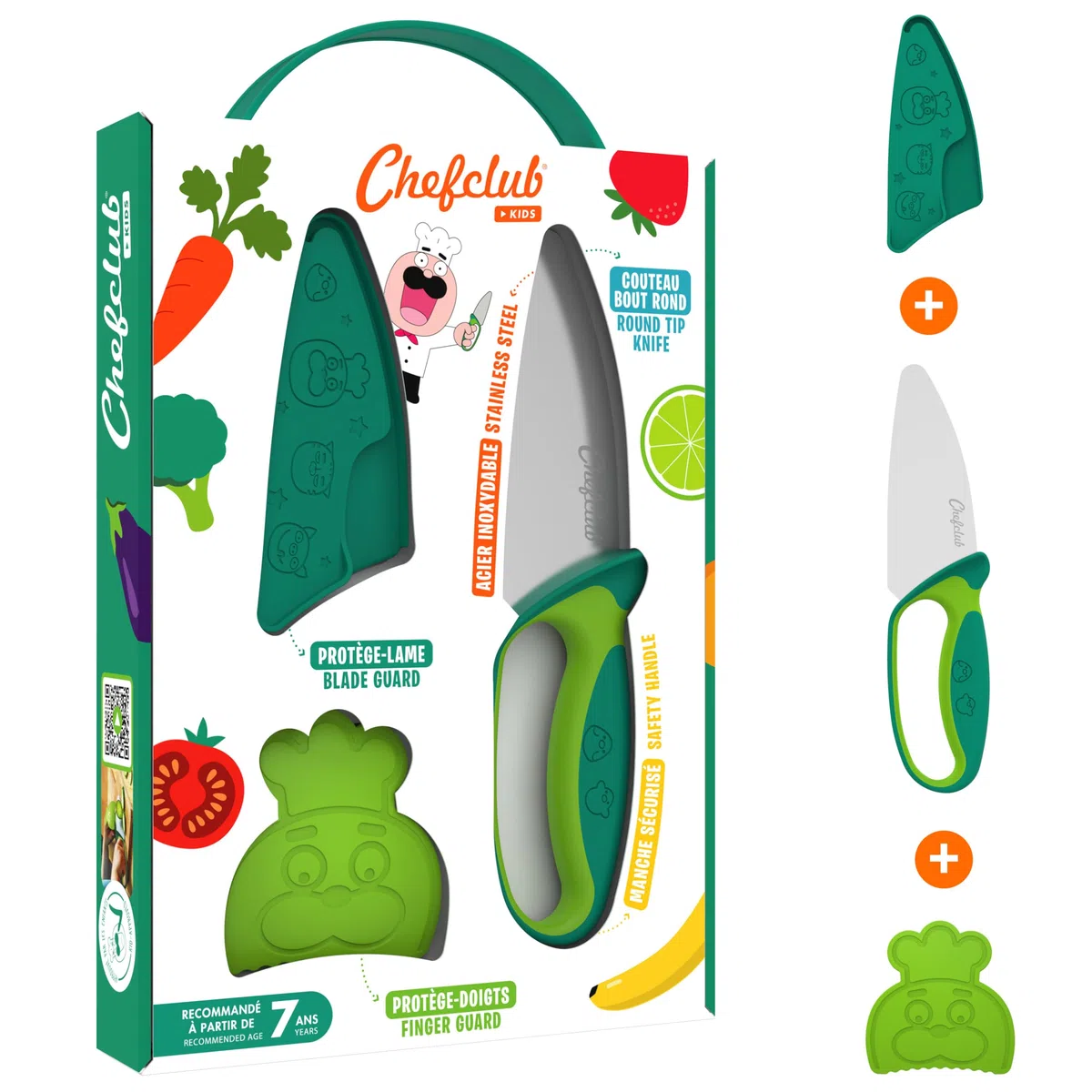 Chefclub Kids – Cuchillo de Cocina para Niños – Hoja de Acero Inoxidable + Protector de Dedos y Funda – Utensilio Seguro y Ergonómico – Verde – Ideal desde los 7 Años