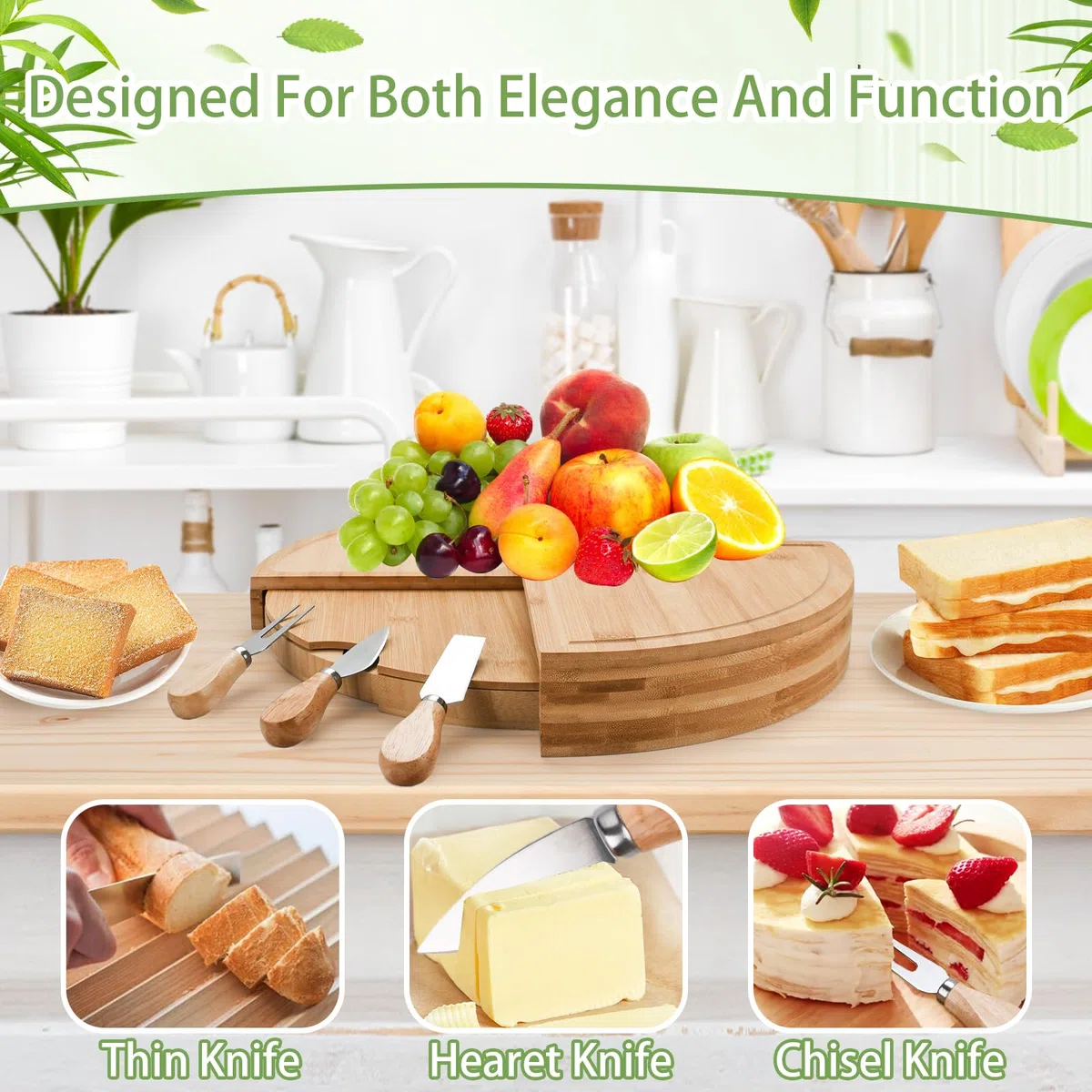 Set Tabla de Queso de Bambú y Cuchillos,Tabla de Quesos de Bambú,Tabla de Quesos Redonda,Bandeja de Servir de Bambú,para Servir Embutidos,Picnics,Fiestas,Frutas,Verduras,Carne