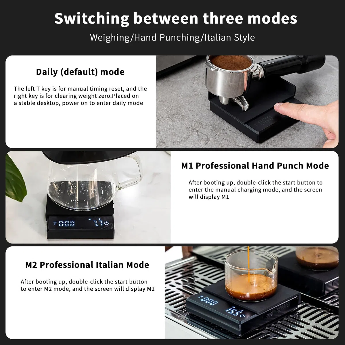 QUMOX Báscula de Café Digital Negra con Temporizador, Modos Inteligentes para Espresso y Pour-Over, Recargable por USB-C, Alta Precisión, Alfombrilla de Silicona Gris Resistente al Calor