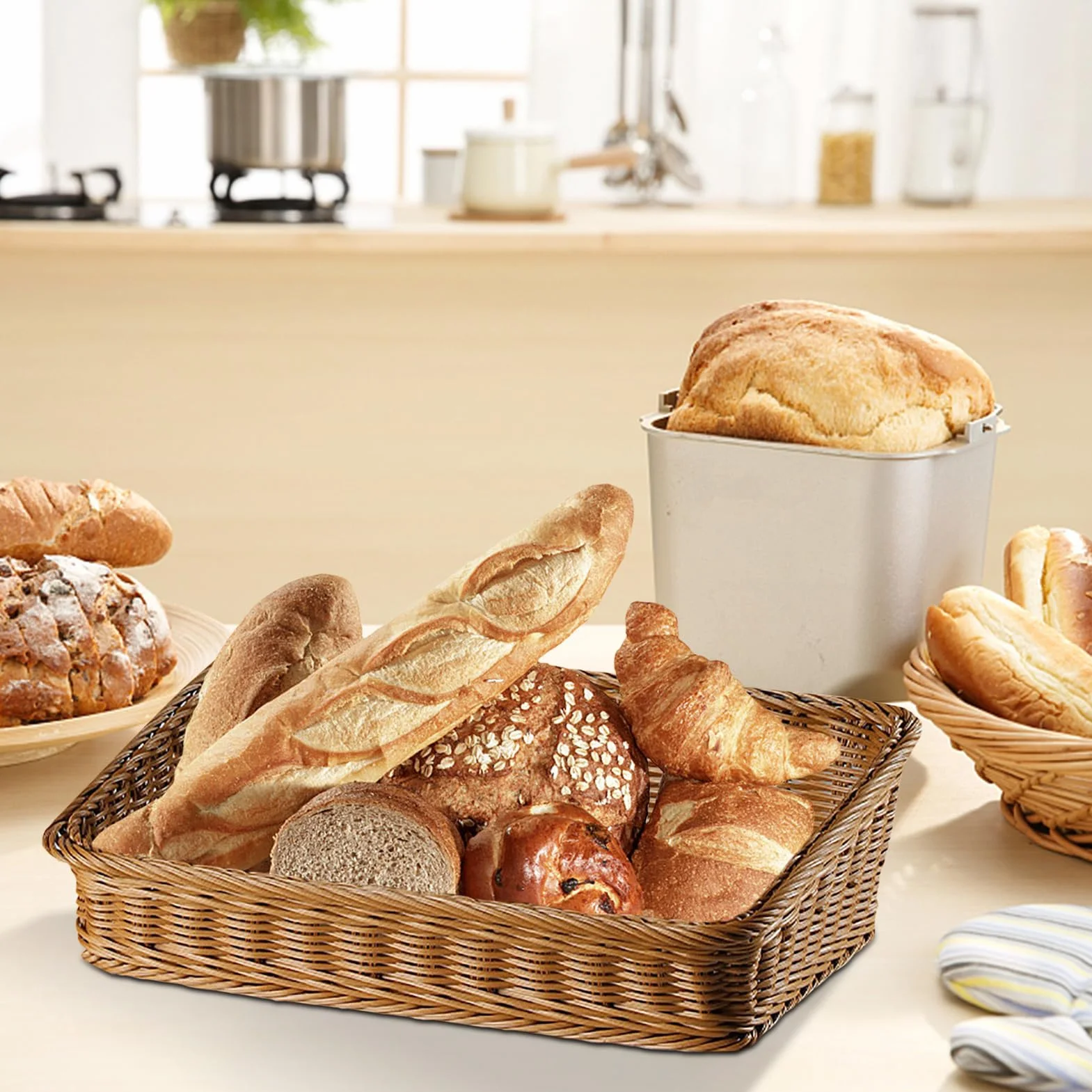 Generisch Cesta de almacenamiento de ratán, 40 x 30 x 12 cm, rectangular, multicolor, para guardar frutas y pan, cestas de baño, artículos de cocina y decoración