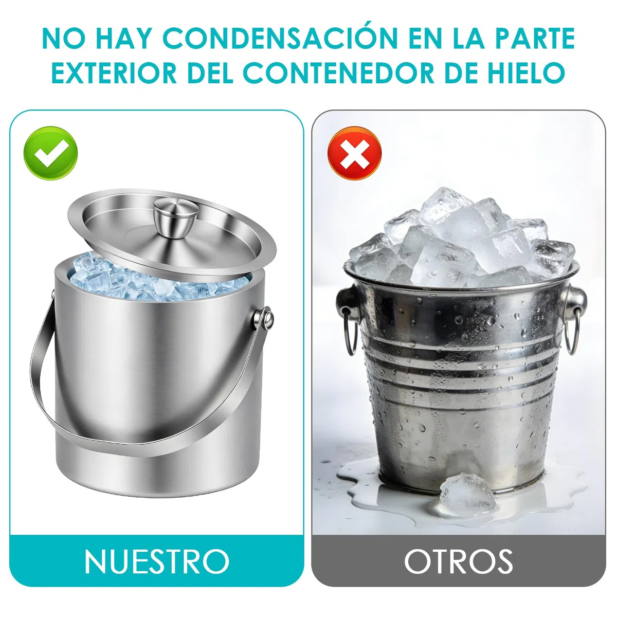 2L Cubitera con Tamiz y Pinzas Para Hielo, Cubiteras Acero Inoxidable, Para Bares, Restaurantes, Fiestas, Cerveza