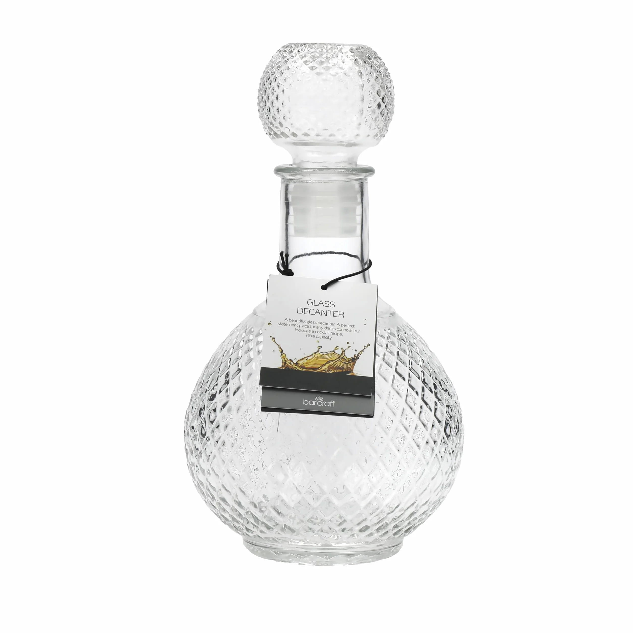 BarCraft Decantador de Whisky y Marcas, Cristal Tallado, Tapón con Sello de Silicona, 1L