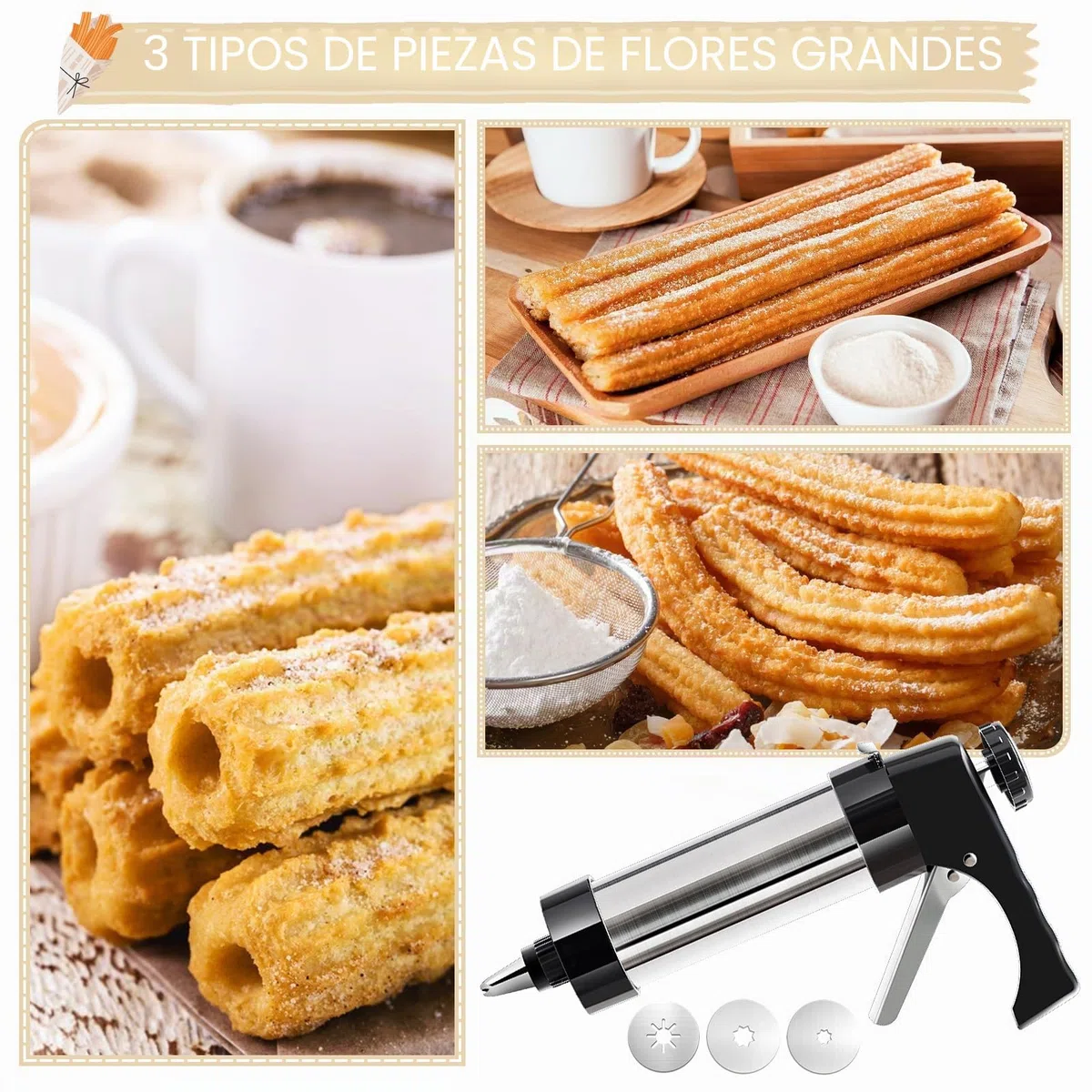 Churreras para Churros Acero Inoxidable Profesional,Prensa de Repostería para Galletas,Máquina para Hacer Churros con 16 Plantilla,8 Boquilla y Cepillar,Biscuit Maker Machine para Churro Galletas