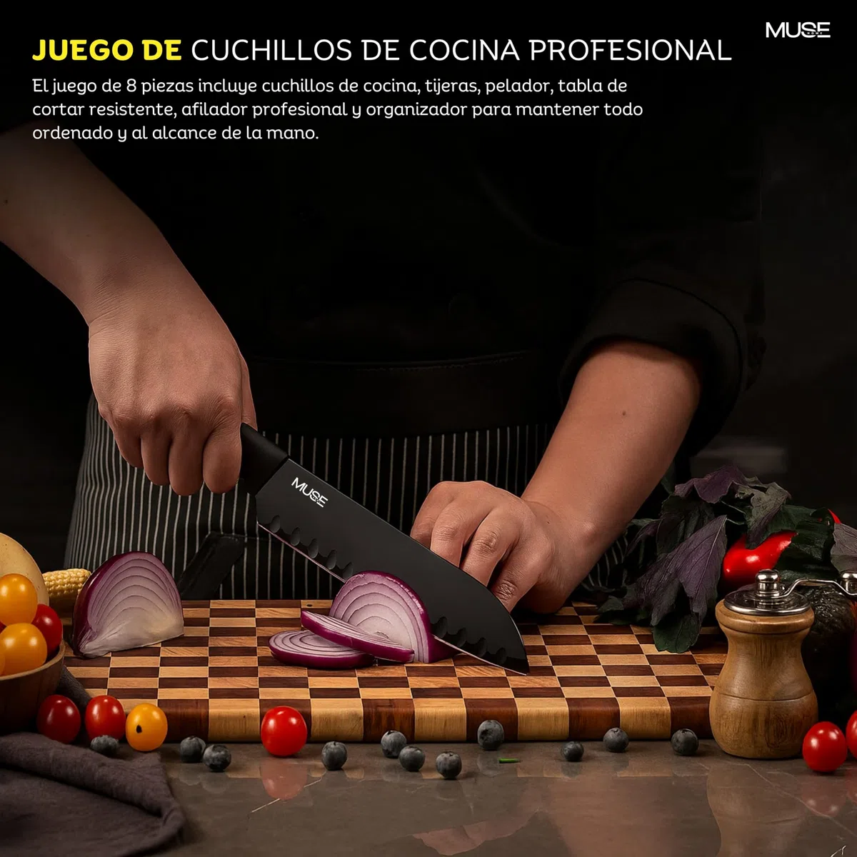 Juego de Cuchillos de Cocina Profesional 8 Piezas con Soporte, Pelador y Afilador, Set Completo de Cuchillos para Carne y Cocina