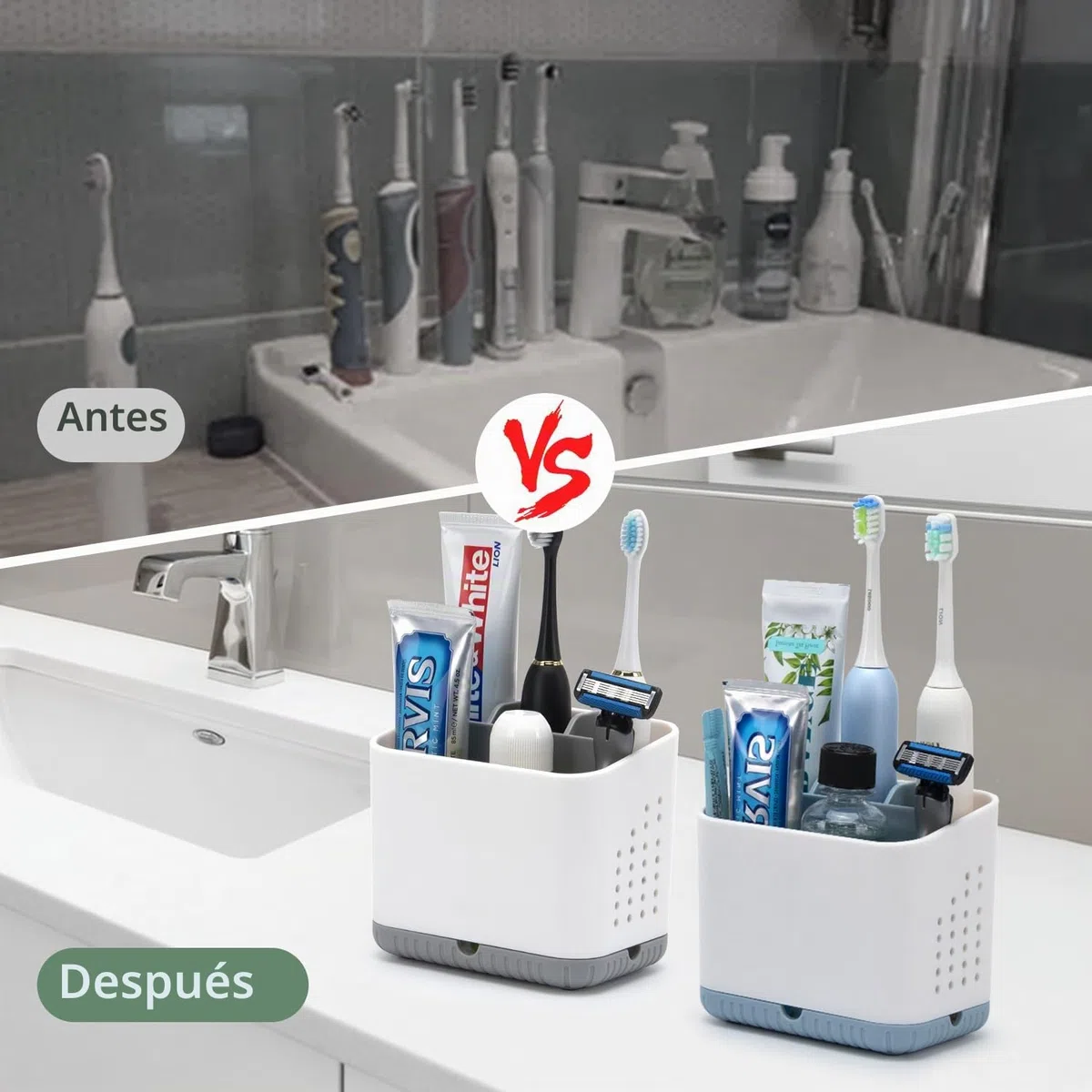 Portacepillos de dientes de plástico antideslizante Portacepillos de dientes para cepillo eléctrico con 4 ranuras para el baño, Organizador de cepillos de dientes extraíble Gris con desagüe para