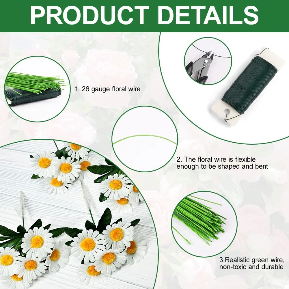 Kit de arreglo floral, incluye 5 Rollos de Cintas Florales, 35m Alambre Floral, 100pcs Alambre Tallo Verde Floral y Alicates Corte, Herramienta Florales para Hermoso Arreglo de Ramo