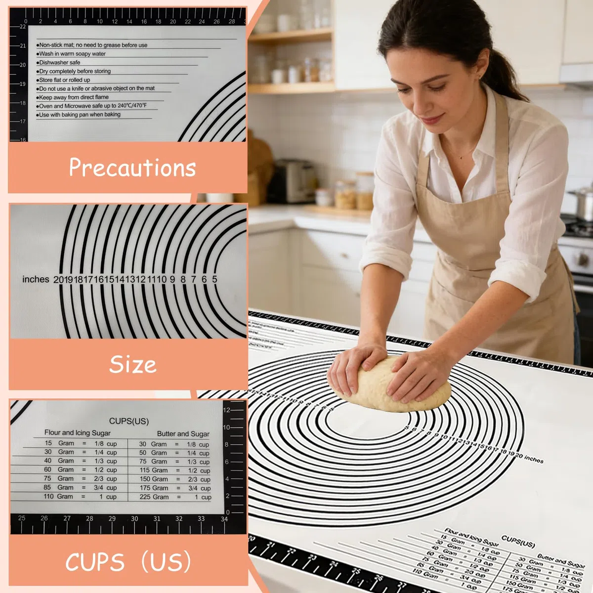 Tapete de Silicona Para Hornear, Alfombrilla de silicona Antiadherente, Tapete de Silicona para Amasar para Repostería, Hornear, Pastelería(91 x 61 cm)
