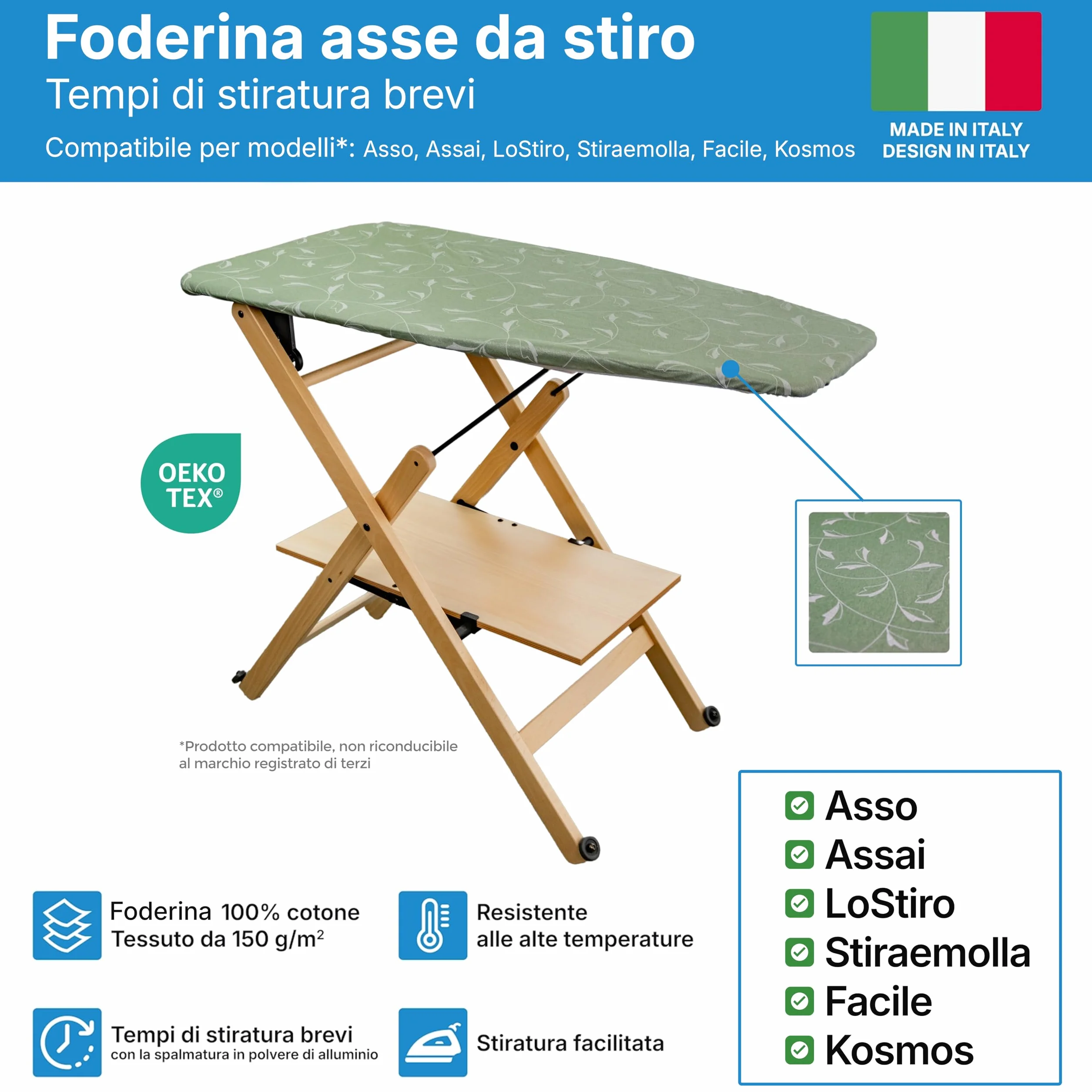 Funda para Tabla de Planchar, Compatible con Modelos Foppapedretti, Color Plata/Verde, Recambio Elástico, Tejido 100% Algodón, 115 x 63 cm, Made in Italy