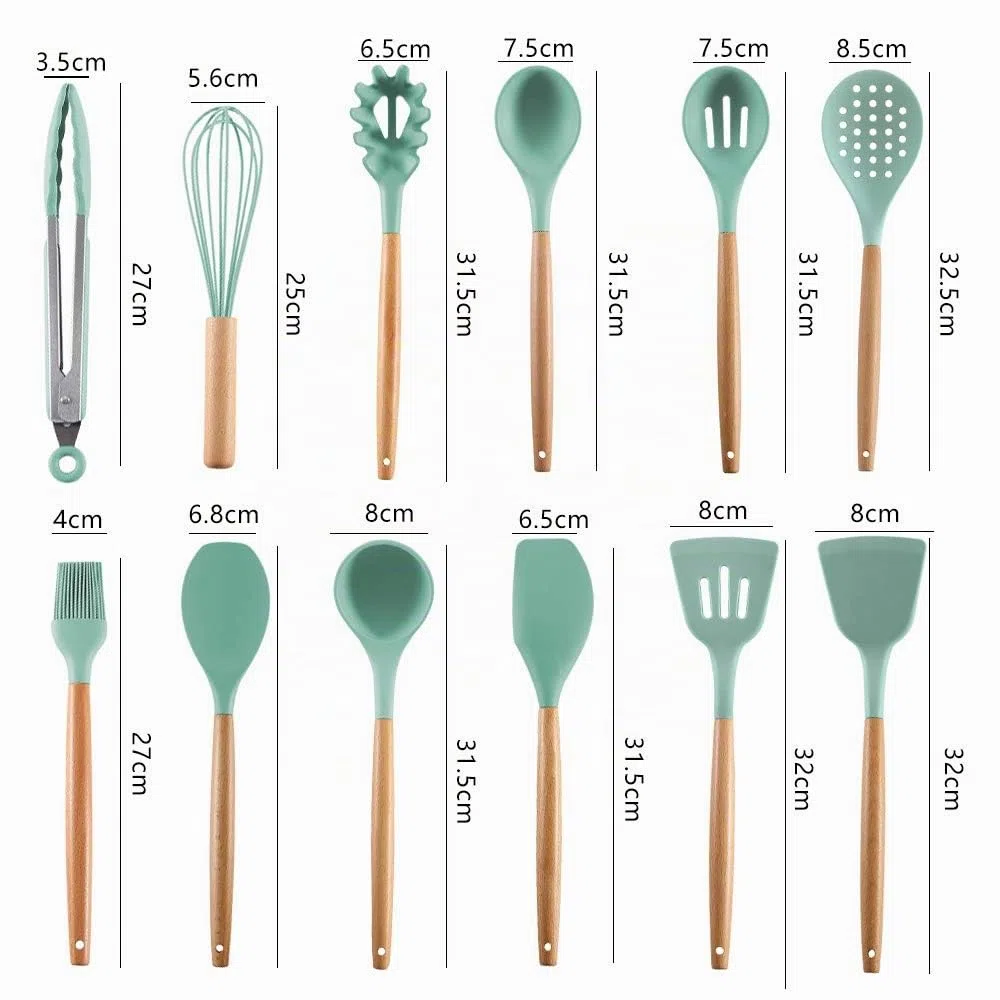 Utensilios Cocina de Silicona,Antiadherente con Mango de Madera,Resistentes Al Calor,14 Piezas,espátula,cuchara,cucharón,5 cucharas de medir y ganchos